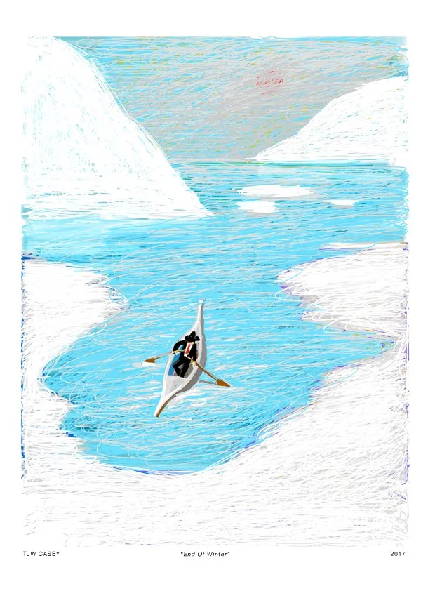 A person canoeing in icy water surrounded by snow-covered icebergs and snow-covered land in the background during winter.
