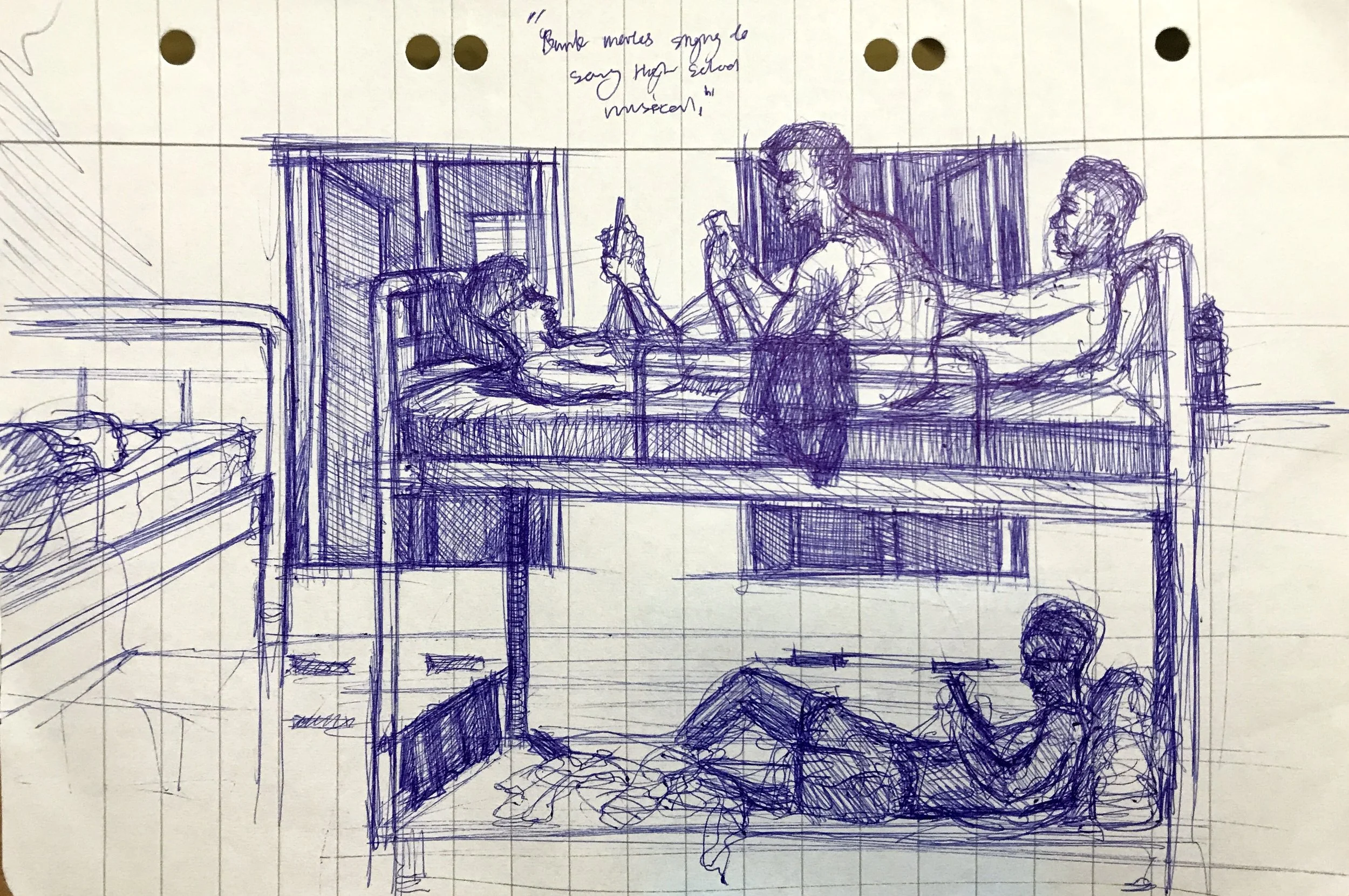 A detailed pen sketch of a room with bunk beds. The top bunk has two men, one lying down and the other sitting, both using their phones. The bottom bunk has a man relaxing, also using his phone. A note above the top bunk says, 'Bunk mates saying do s
