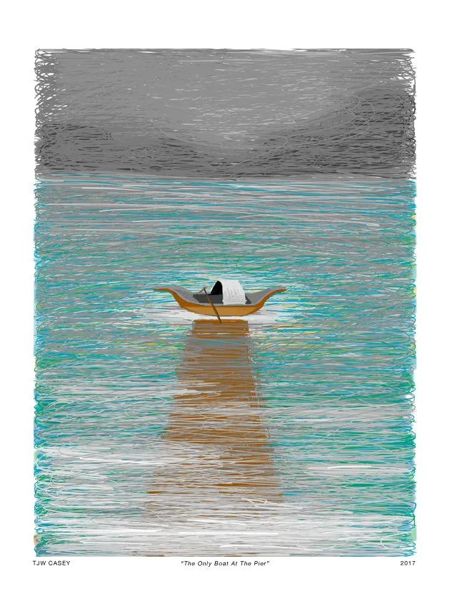 A small boat floating on calm water with a gray cloudy sky above, and reflections of the boat on the water.
