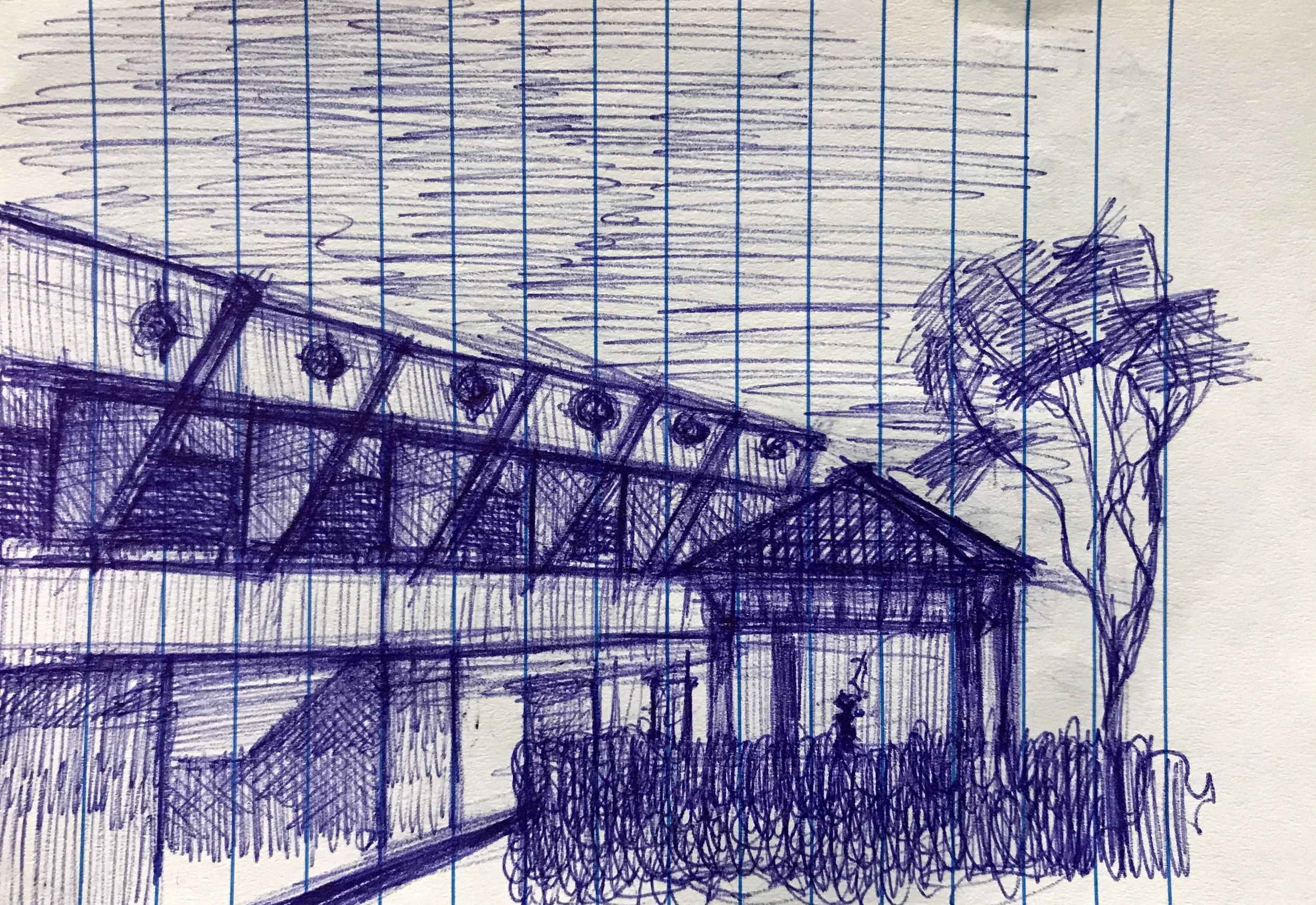 Hand-drawn sketch of a house with a porch, a tree, and some bushes in front, drawn with a pen on lined paper.