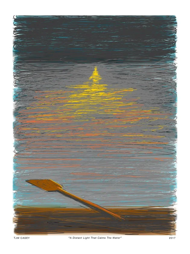 A digital painting titled 'A Distant Light That Calms the Water' showing a boat on water with a bright yellow lighthouse in the distance reflecting on the water, under a dark sky.