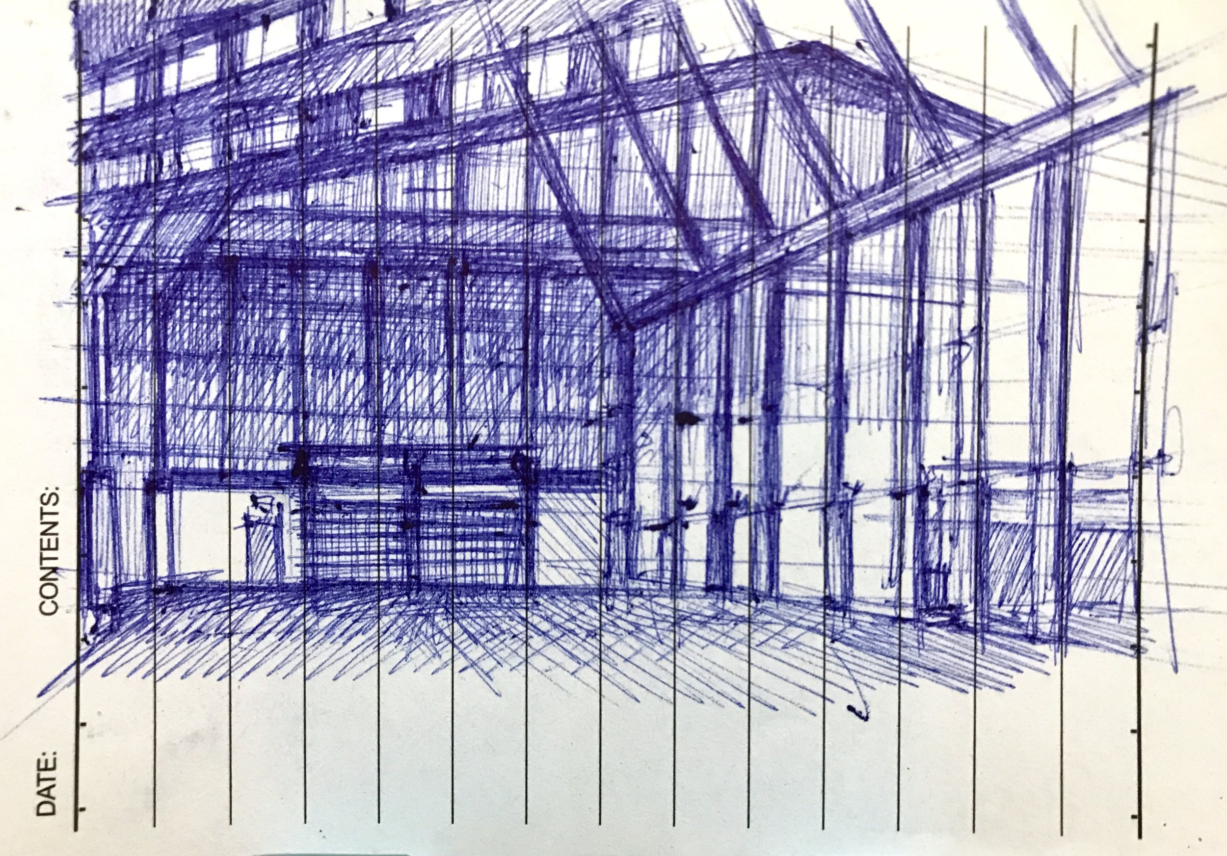 A detailed blue ink architectural sketch of a large greenhouse with a curved roof, wooden flooring, and multiple glass walls and roof panels.
