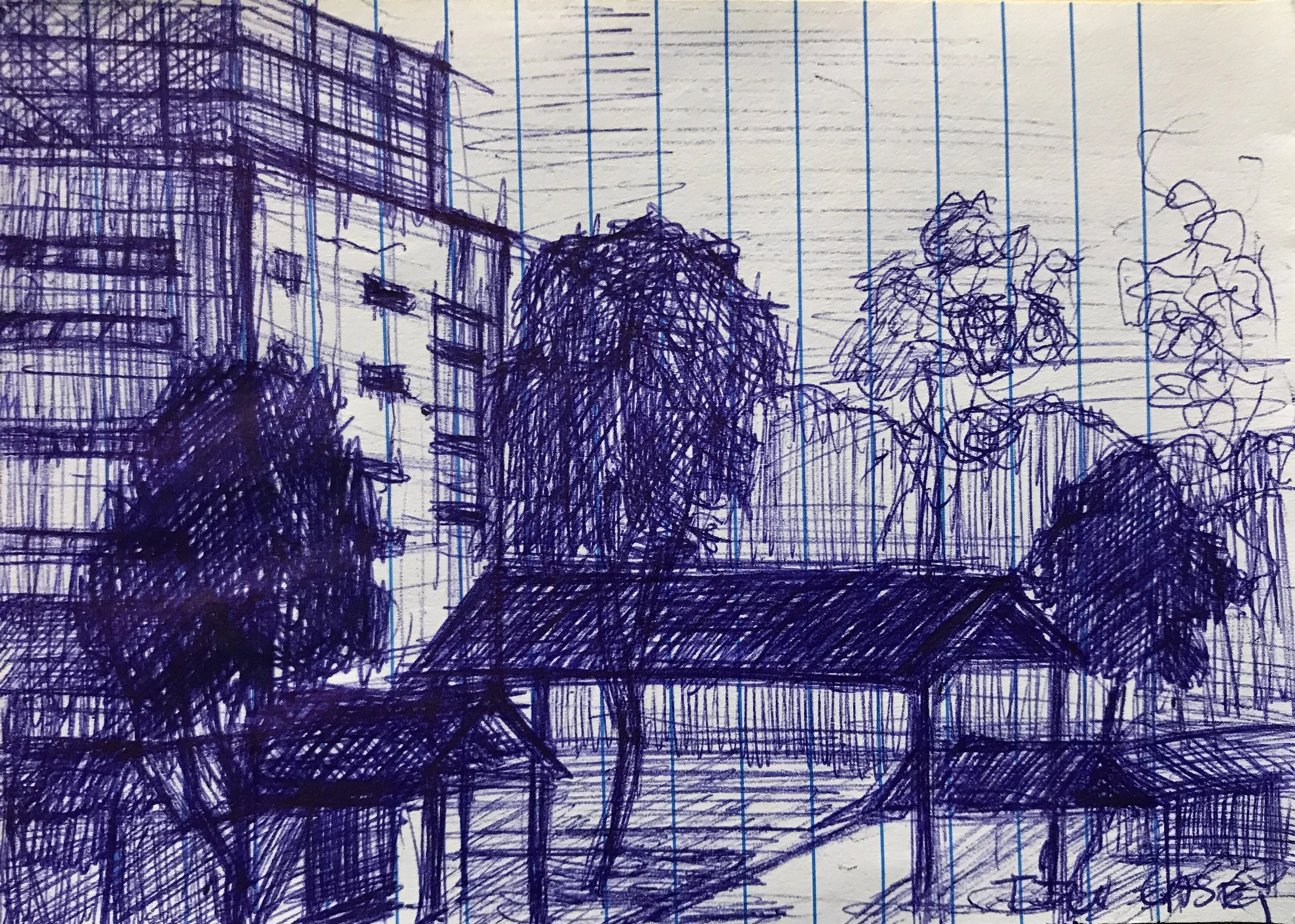 Sketch of a park scene with trees, small pavilions, and a modern building in the background, drawn with a blue pen on lined paper.