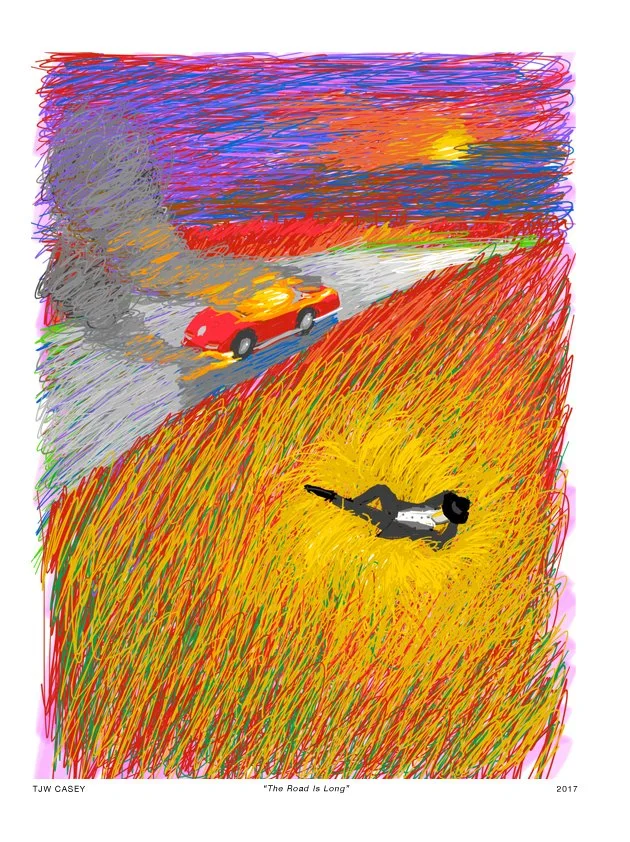 A colorful, impressionistic drawing depicting a car accident on a winding road through a grassy hill at sunset. A red car is on fire, emitting gray smoke, with flames seen at the rear. A person is lying on the grass nearby, made to look like they are