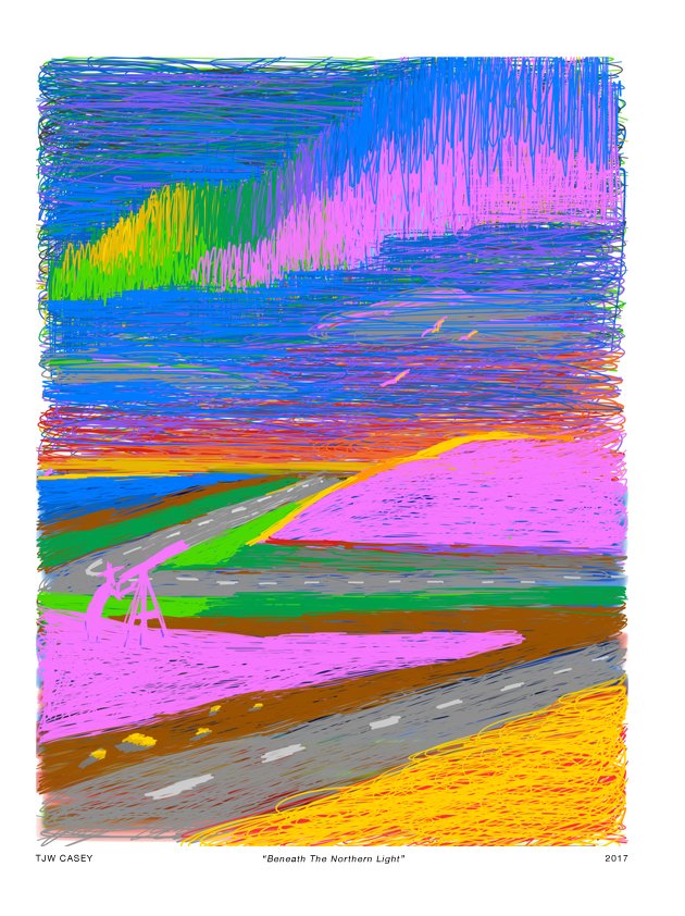 An abstract, colorful digital illustration titled 'Beneath The Northern Light' depicting a landscape with a road, fields, a power line, and a vibrant sky resembling the Northern Lights, featuring pink, purple, yellow, green, blue, and orange streaks.