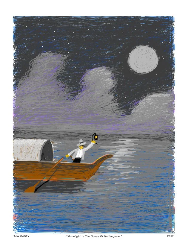 A person in a boat on calm ocean water at night, holding a lantern with a full moon and cloudy sky in the background.