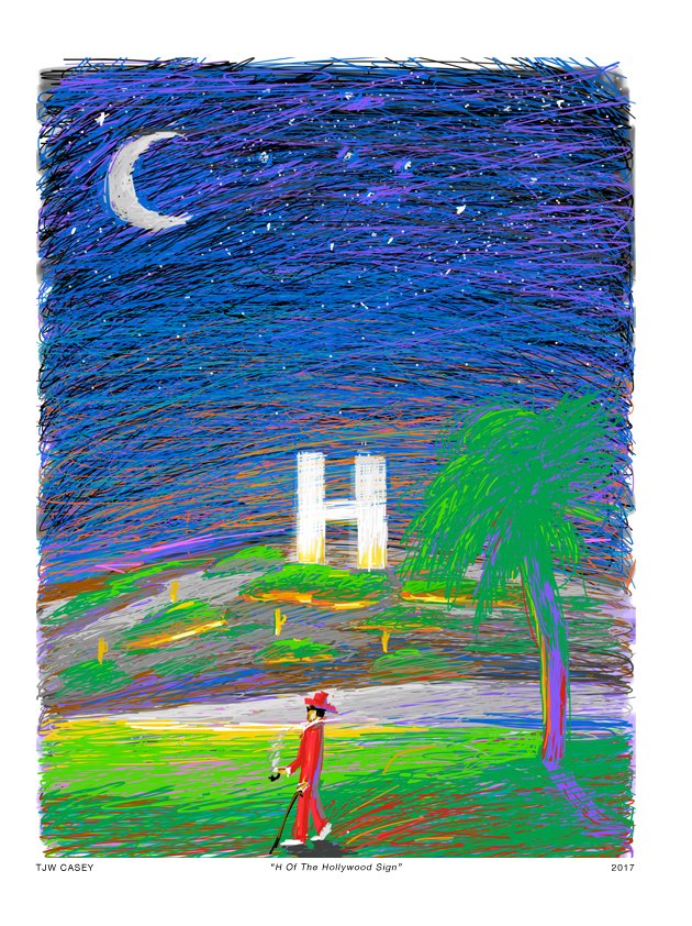 A colorful, stylized drawing of a person walking a dog near a palm tree under a night sky with a crescent moon. In the background, there is a large Hollywood sign on a hillside.