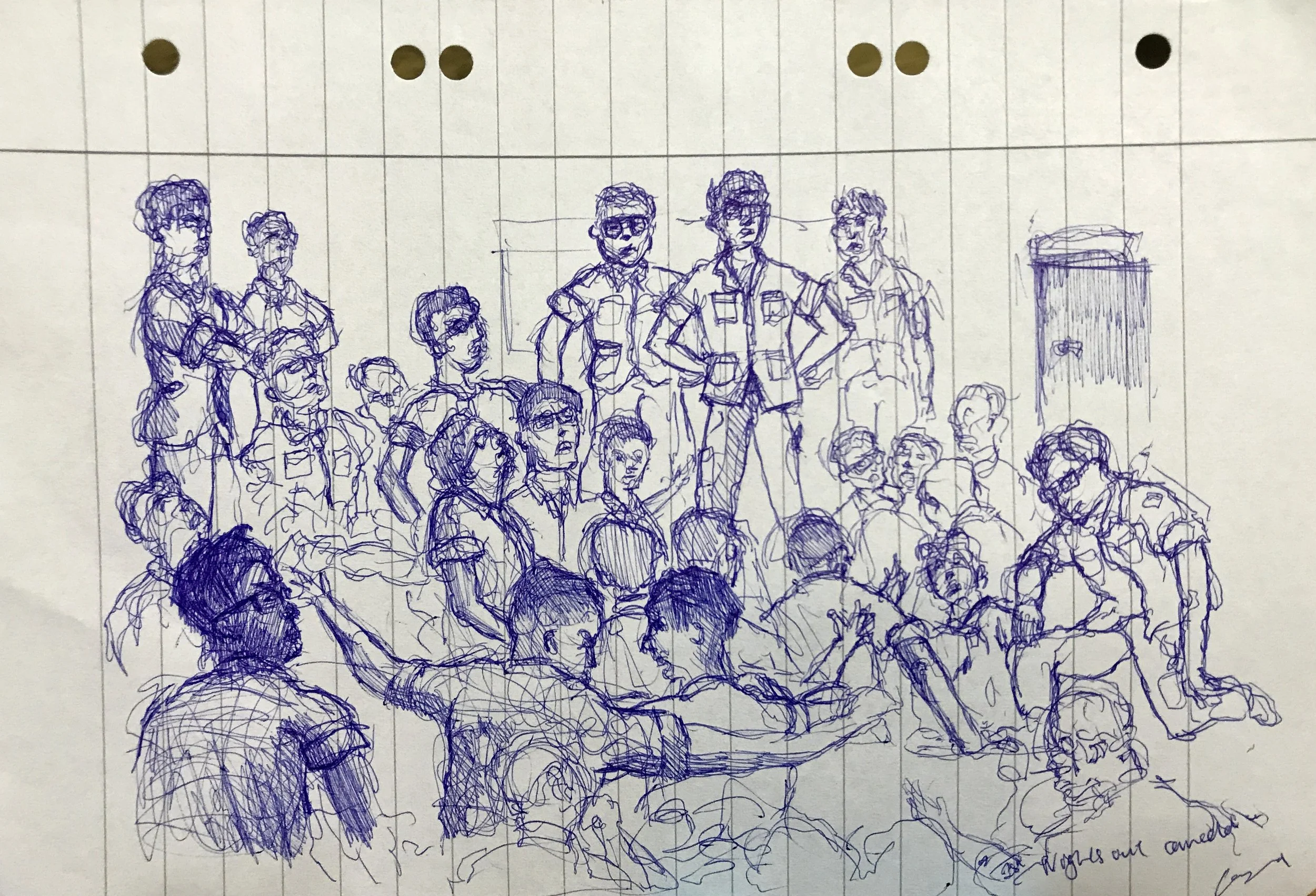 A detailed blue ink sketch of a large group of people, some standing and some sitting on the ground, with two people in military uniforms at the center, on lined notebook paper.