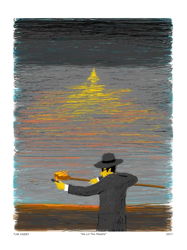 A digital painting of a man in a dark suit and hat, holding a torch, standing on a dock at night, with a large illuminated pagoda in the background reflecting on the water.