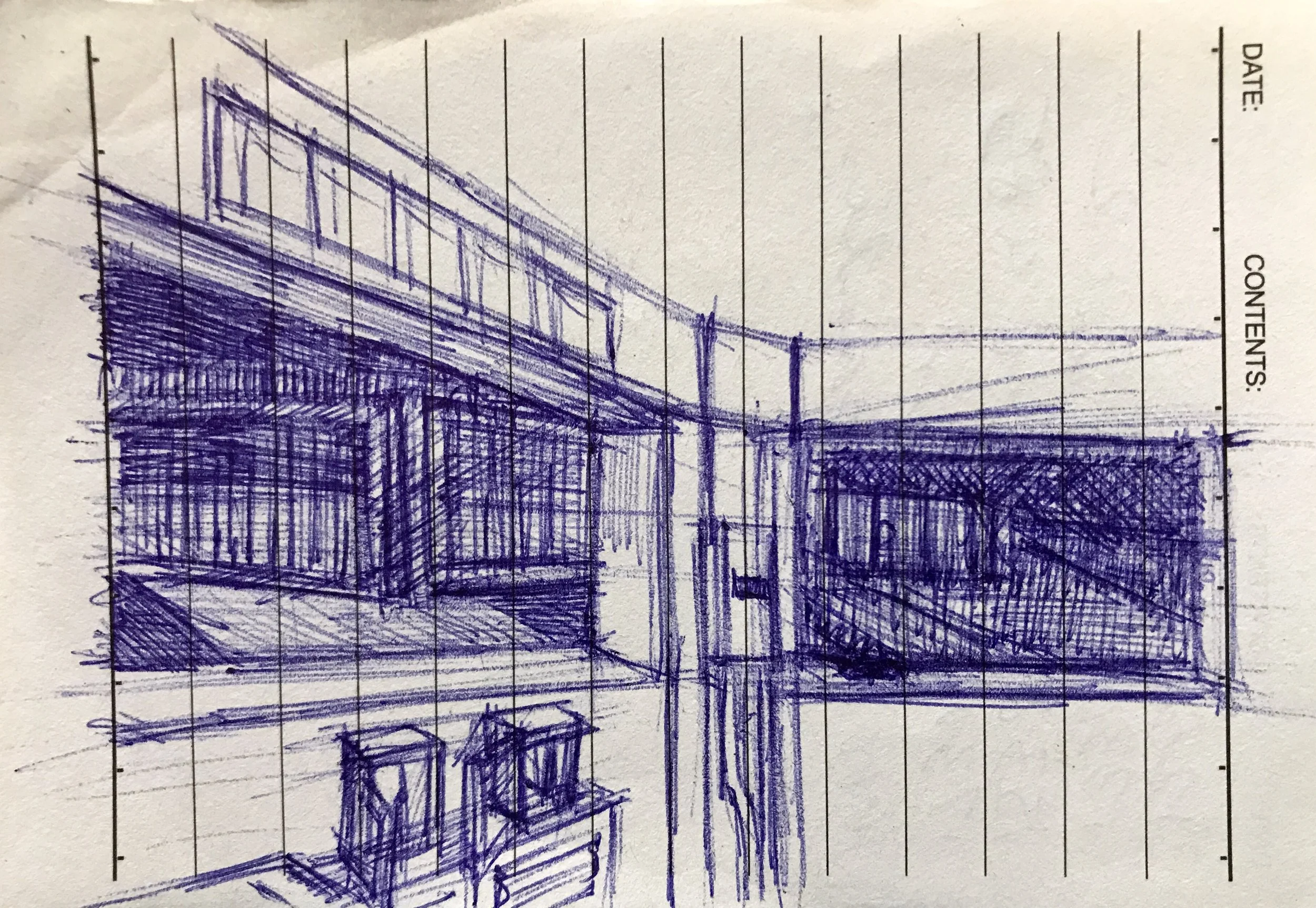 Hand-drawn sketch of a modern house with large windows and balconies in blue ink, viewed from an exterior perspective.