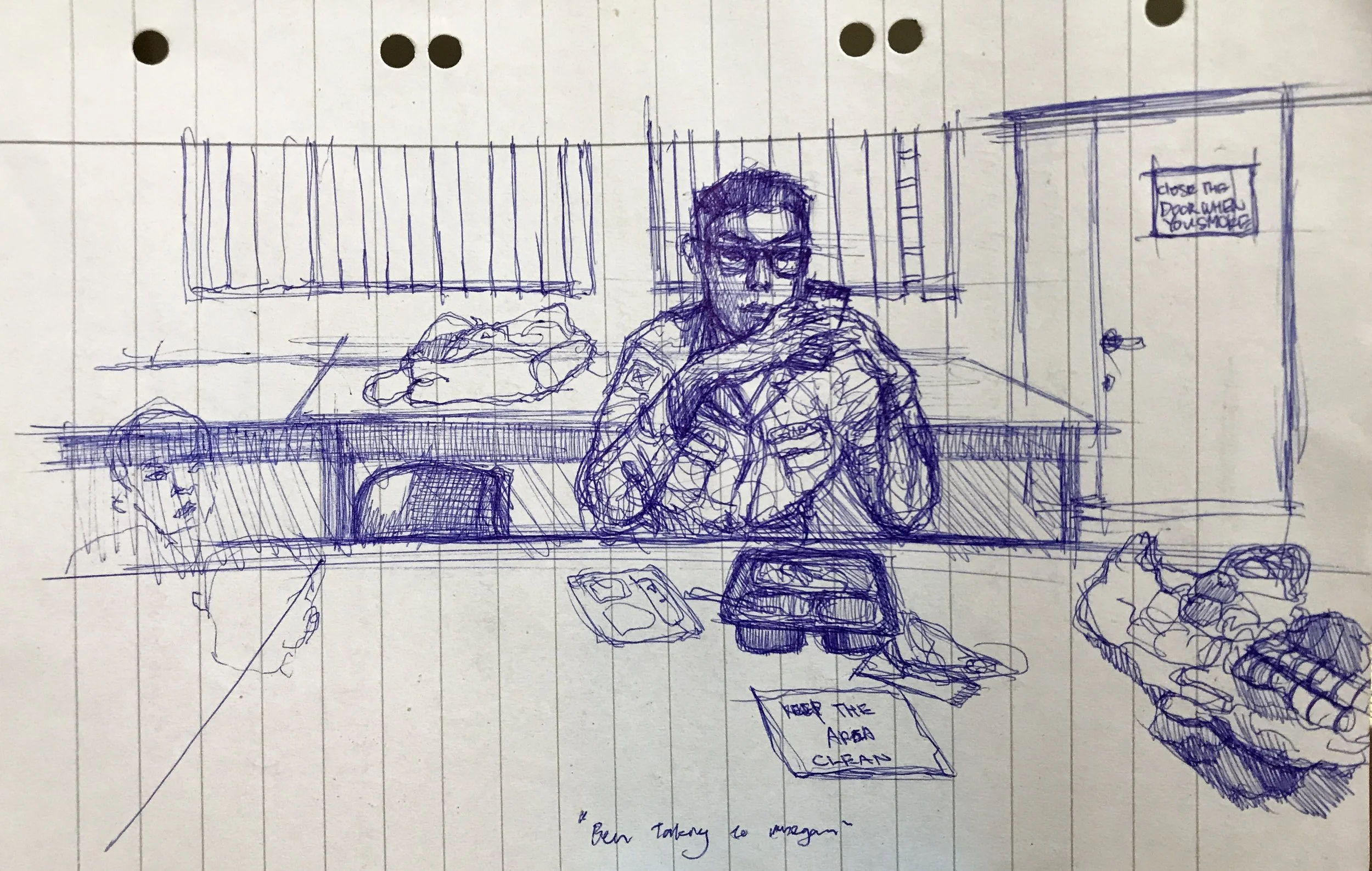 Sketch of a police officer sitting at a table with belongings and a sign reading 'Keep the area clean', another person in the background, and a door with a sign that says 'Close the door when you leave'.
