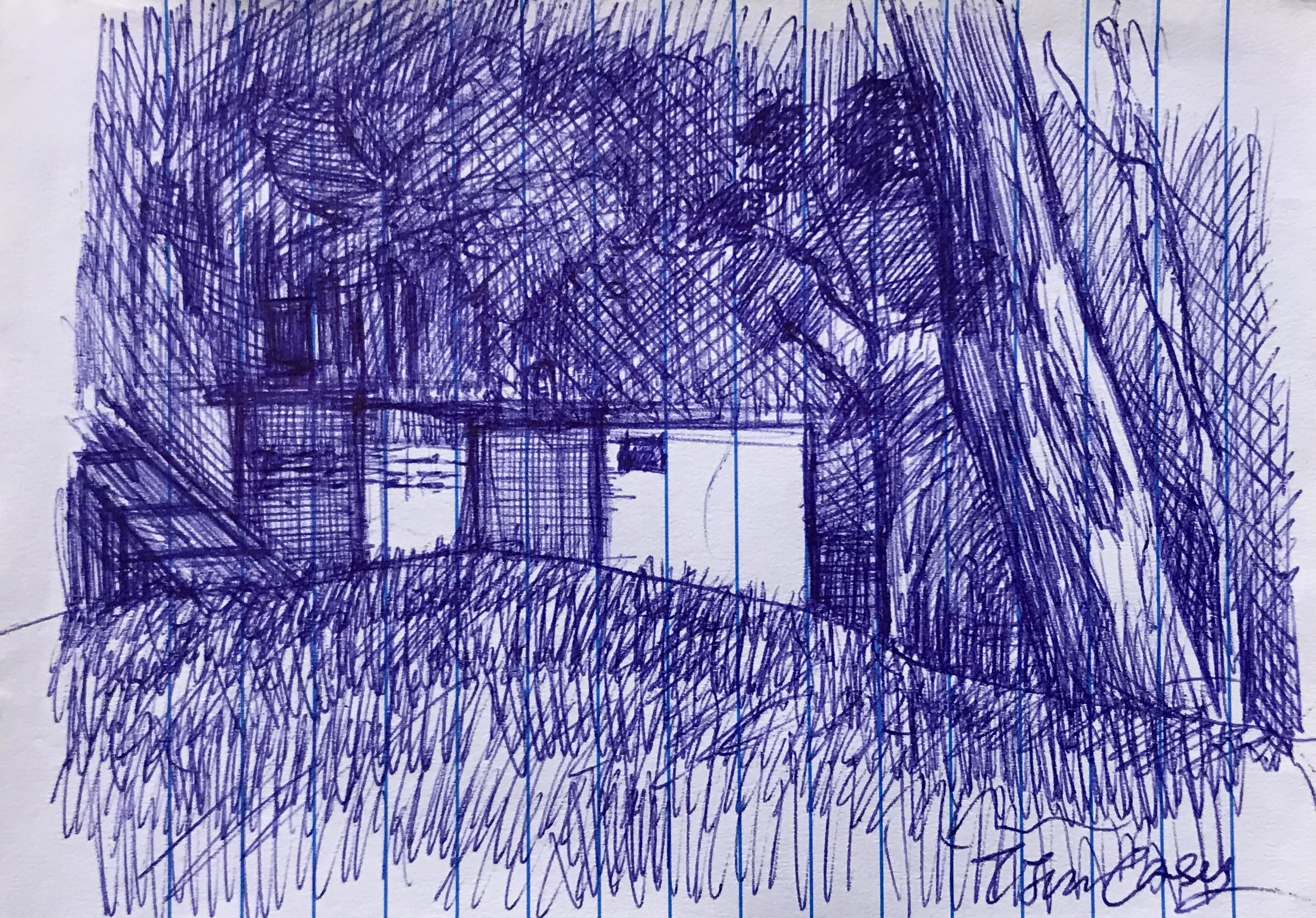 A sketch of a house surrounded by trees, drawn with blue and purple ink on paper.