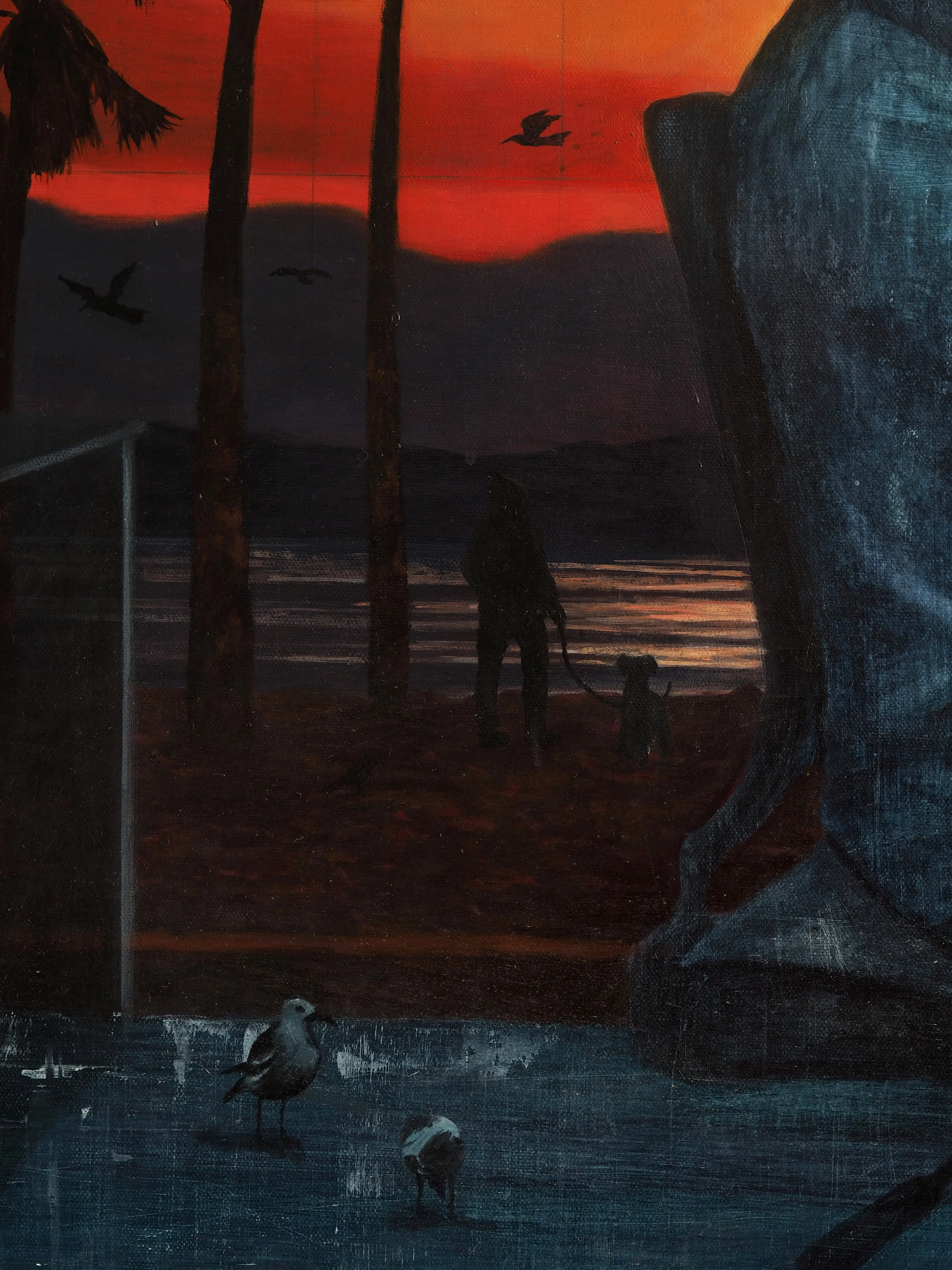 Painting of a sunset with silhouettes of birds, trees, and a person walking a dog along the beach, with an elephant's tail visible in the foreground.
