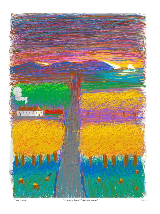 Colorful, impressionistic drawing of a country road with trees, fields, a house, mountains, and sunset sky.