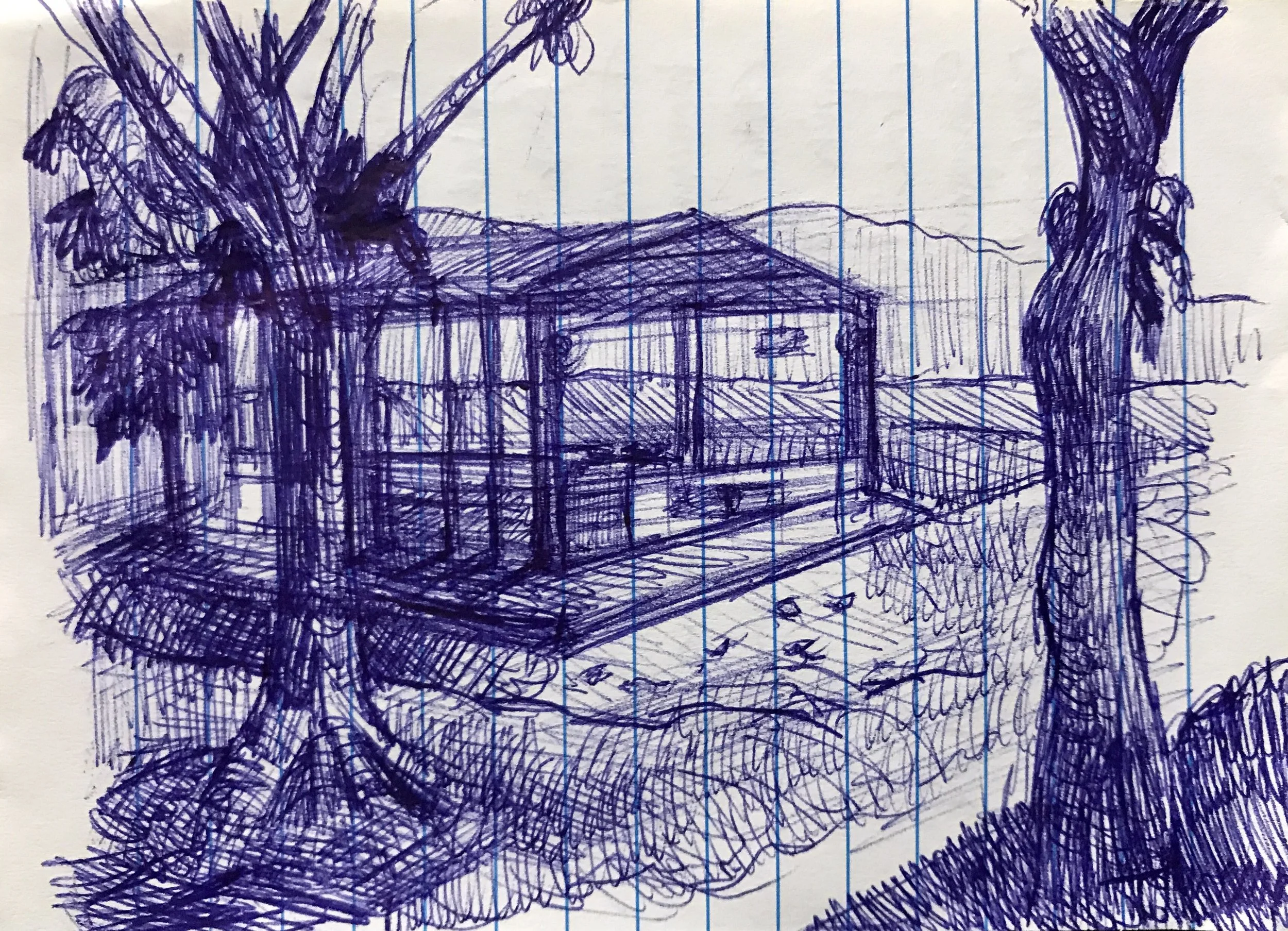 A detailed sketch of a house with a large porch surrounded by trees and mountains in the background, drawn with blue pen on lined paper.