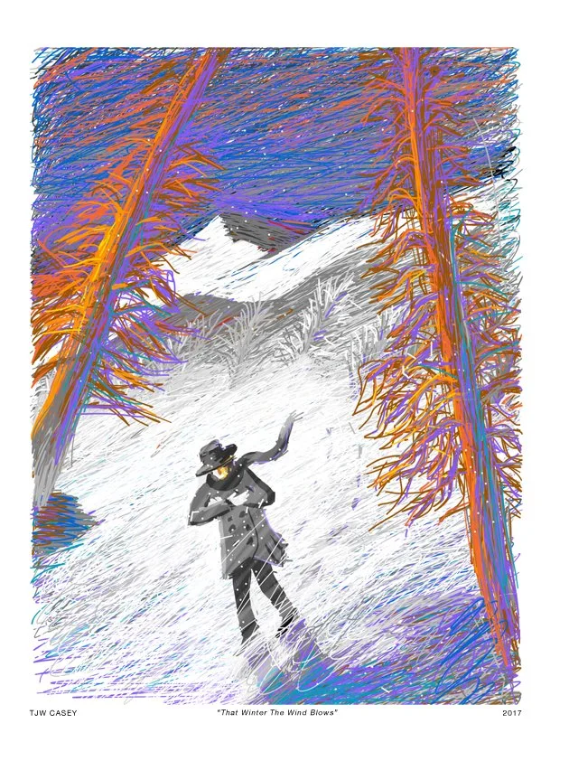 A person wearing a coat, hat, and sunglasses is walking through a snow-covered forest with leafless trees, under a partly cloudy sky.