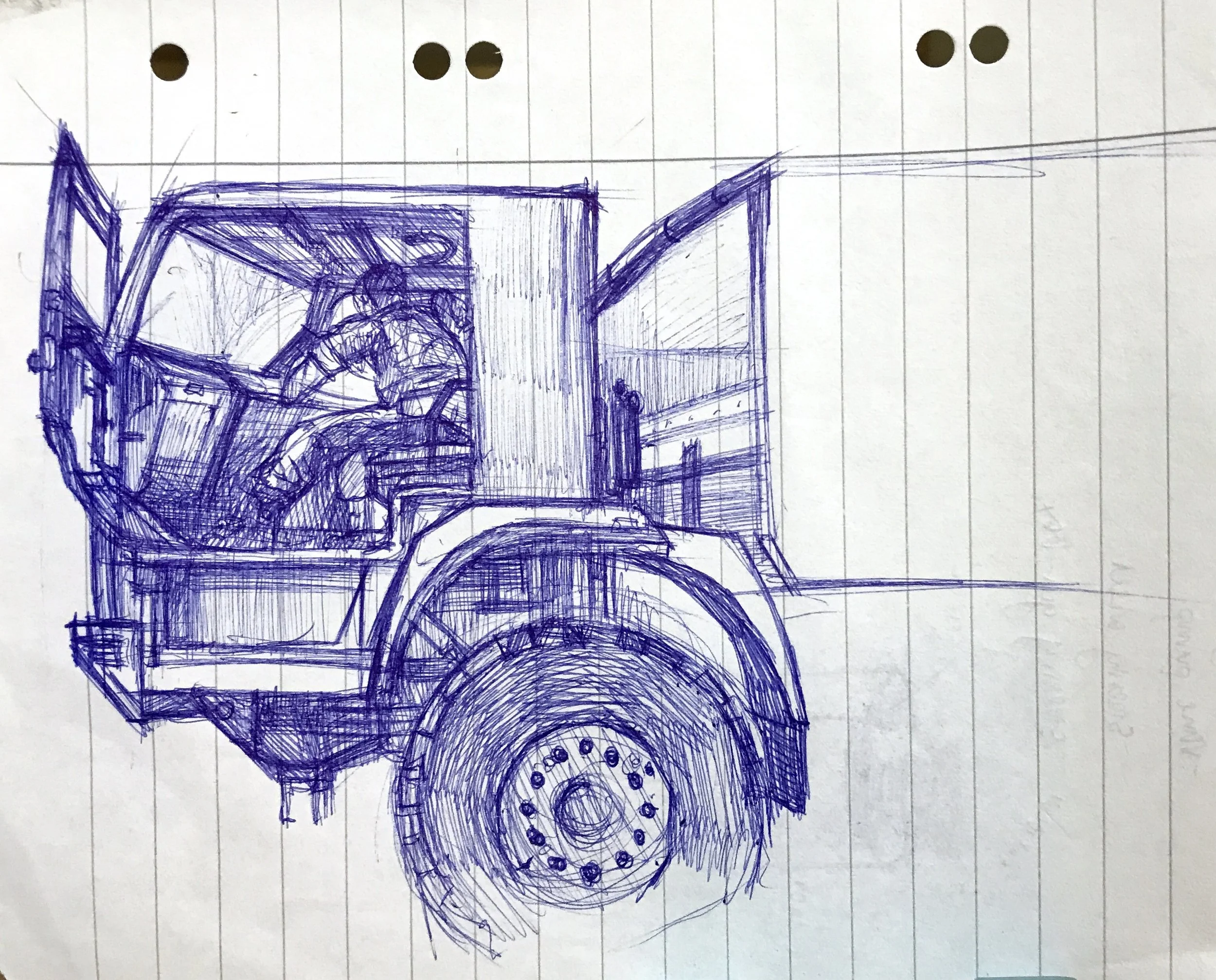 A detailed blue ink sketch of a truck seen from the side, showing the cab with an open door and the wheel, drawn on lined notebook paper.