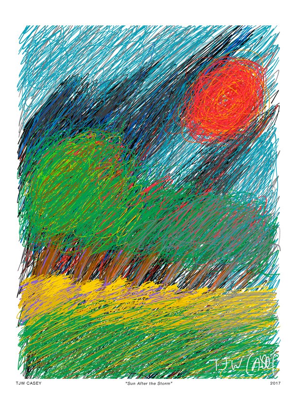 A colorful, abstract drawing of a landscape with a sunset, trees, and a field, created with scribbled strokes.