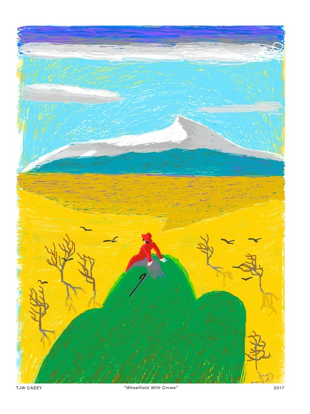 A colorful, stylized illustration of wheat fields with a mountain in the background and a cloudy sky. In the foreground, a person in red is sitting on a green haystack, surrounded by leafless trees and flying crows.