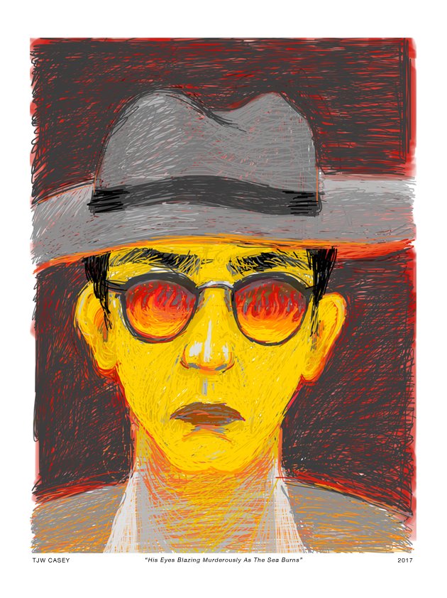 A portrait of a person wearing a gray hat and round sunglasses with red reflective lenses, with a yellow face and dark lips, against a dark background.