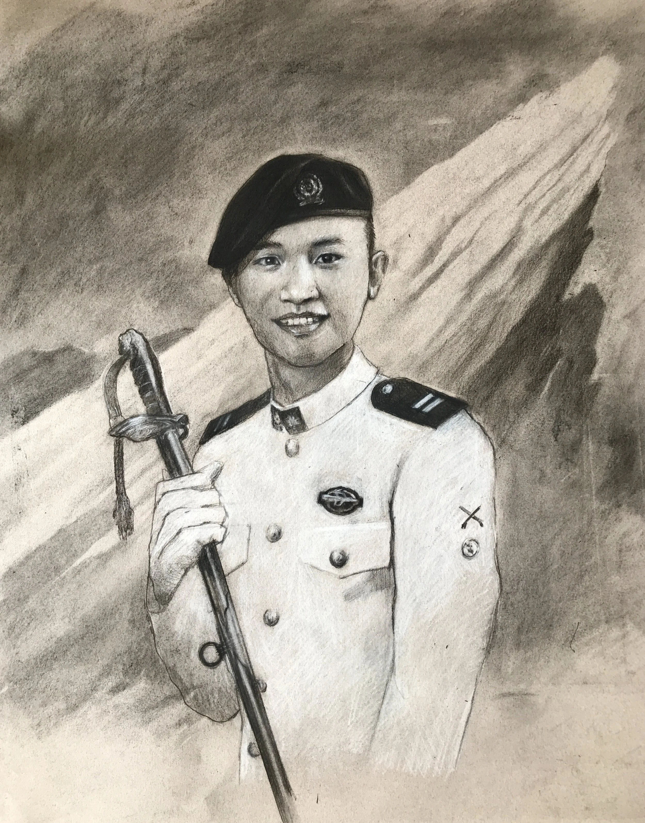 Portrait of lieutenant Shun Wen (2018) , pastel and charcoal on paper