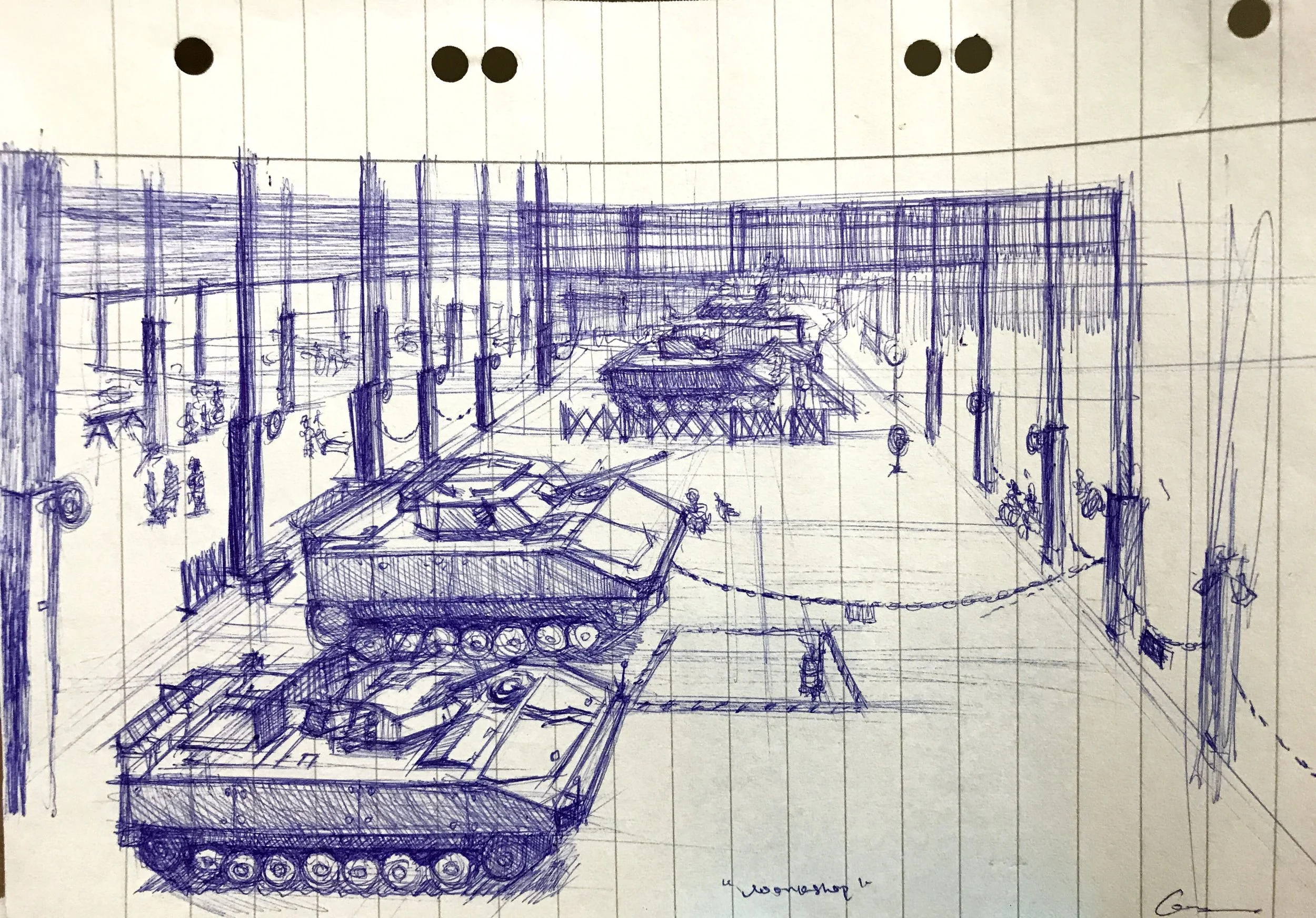 Sketch of an interior exhibition space featuring tanks, display cases, and some people.