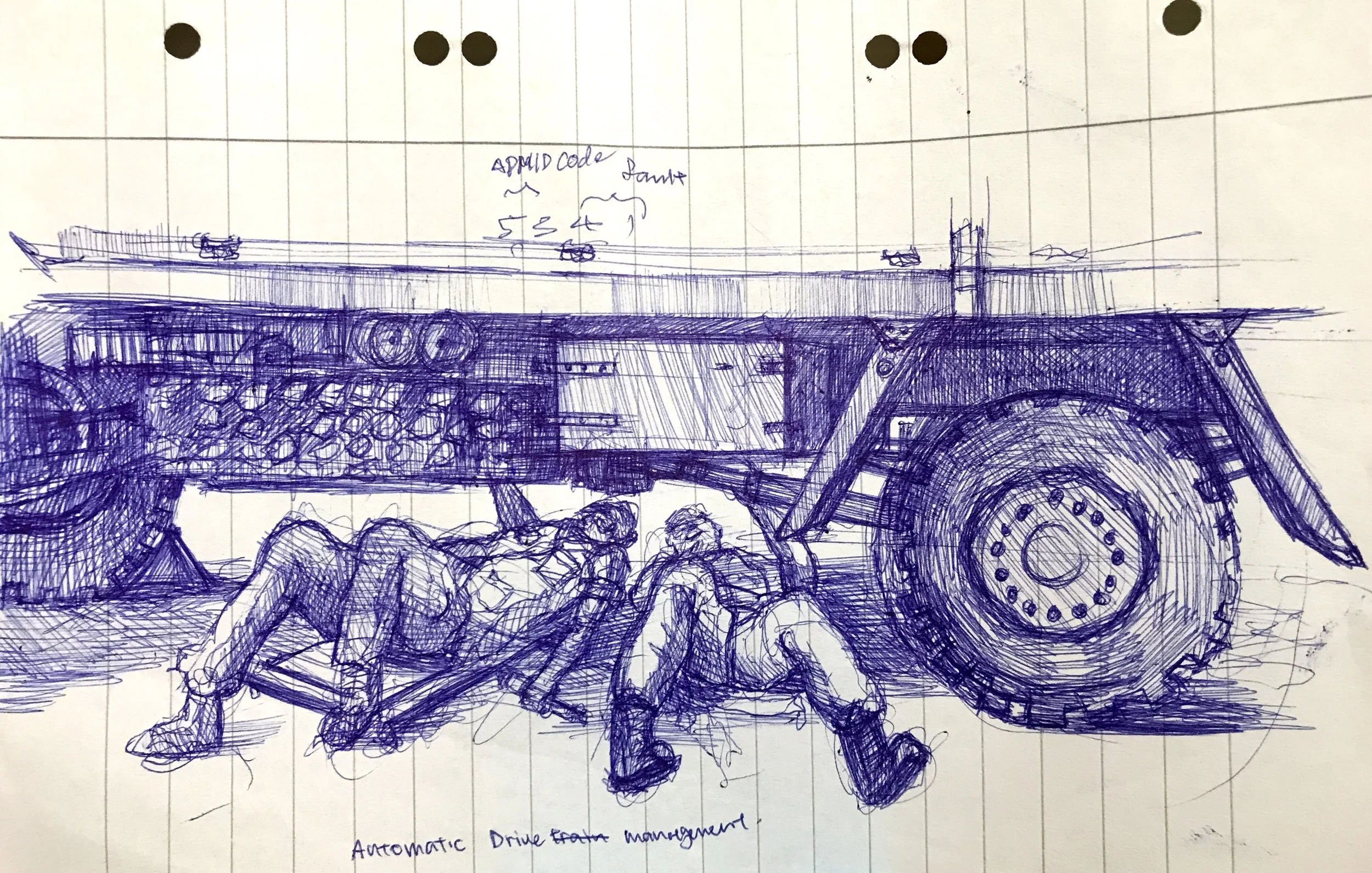 Sketch of a truck with two people working beneath it, with notes about drive tractor management and system components.
