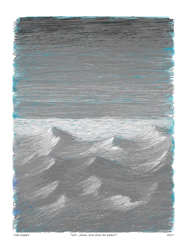 A digital drawing of ocean waves with a gray sky in the background, stylized with horizontal lines and soft colors.