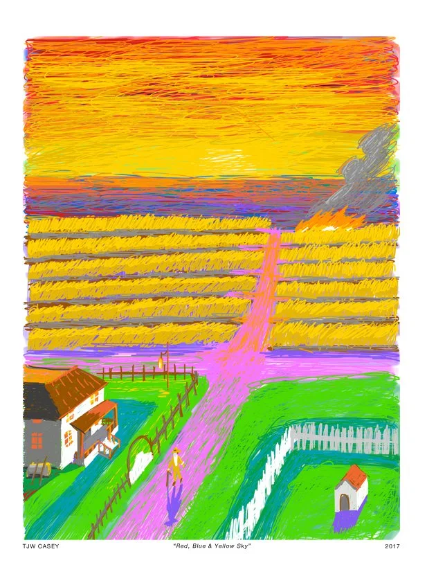 Colorful landscape depicting a sunset with orange, yellow, and red sky over a yellow field, a pink road, a house with a red roof, a white fence, a small dog house, and a person walking a dog.