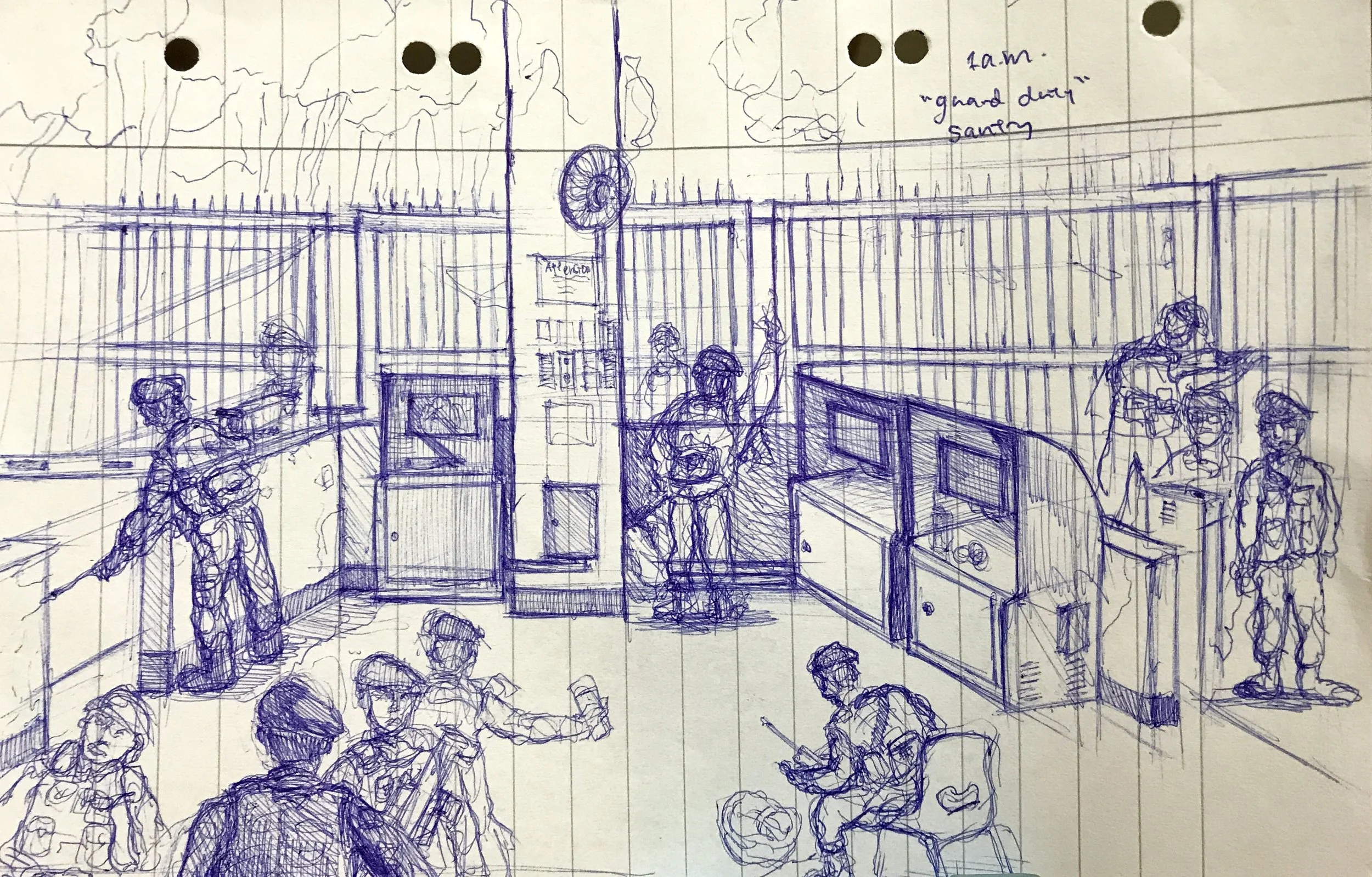 Sketch of a busy airport waiting area with several people seated and standing, some with luggage, and a fence or barrier in the background.