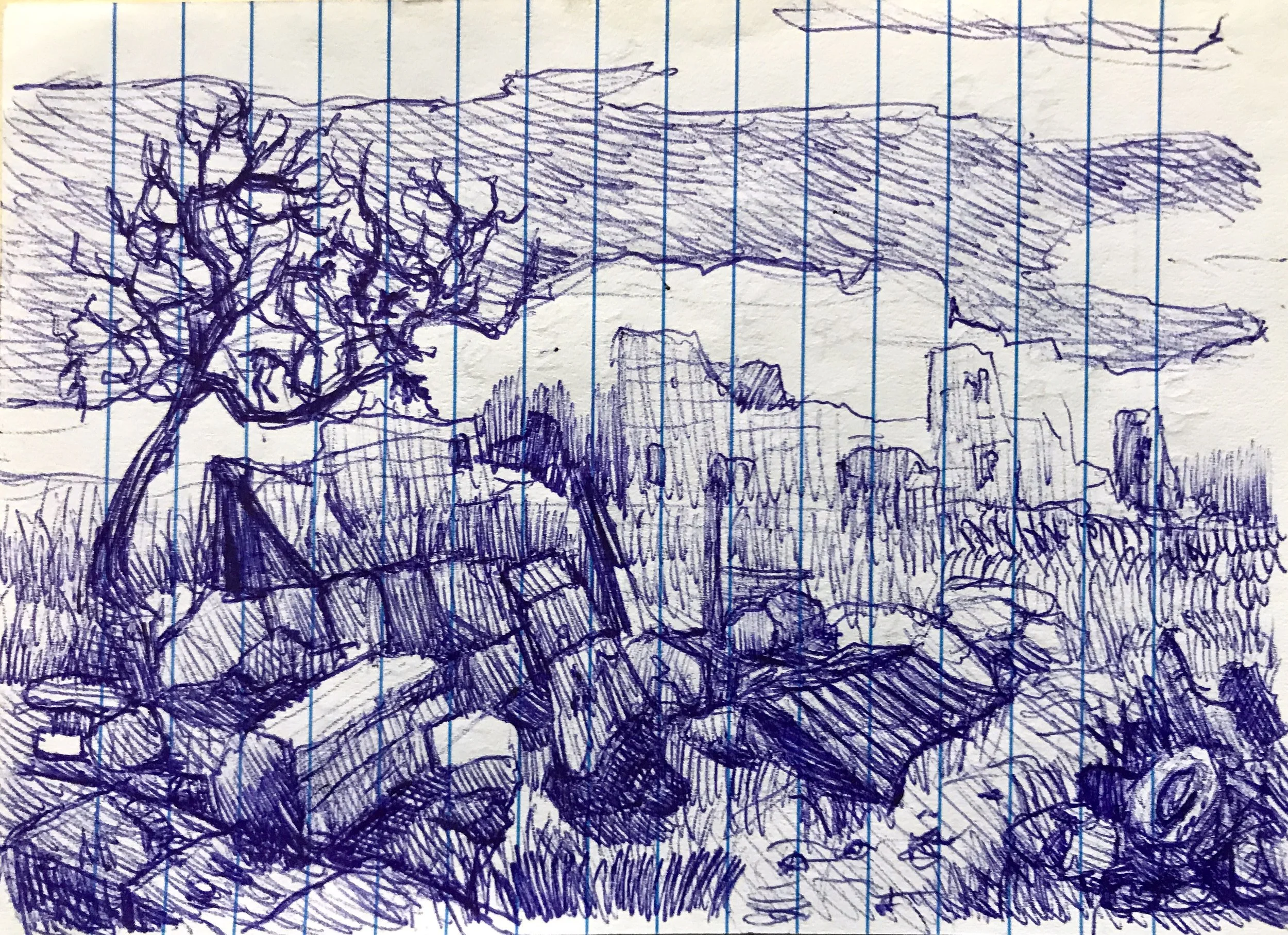 A sketch of a landscape featuring a tree on the left, rocks and a small structure in the foreground, and a city skyline with tall buildings in the background, under a cloudy sky.