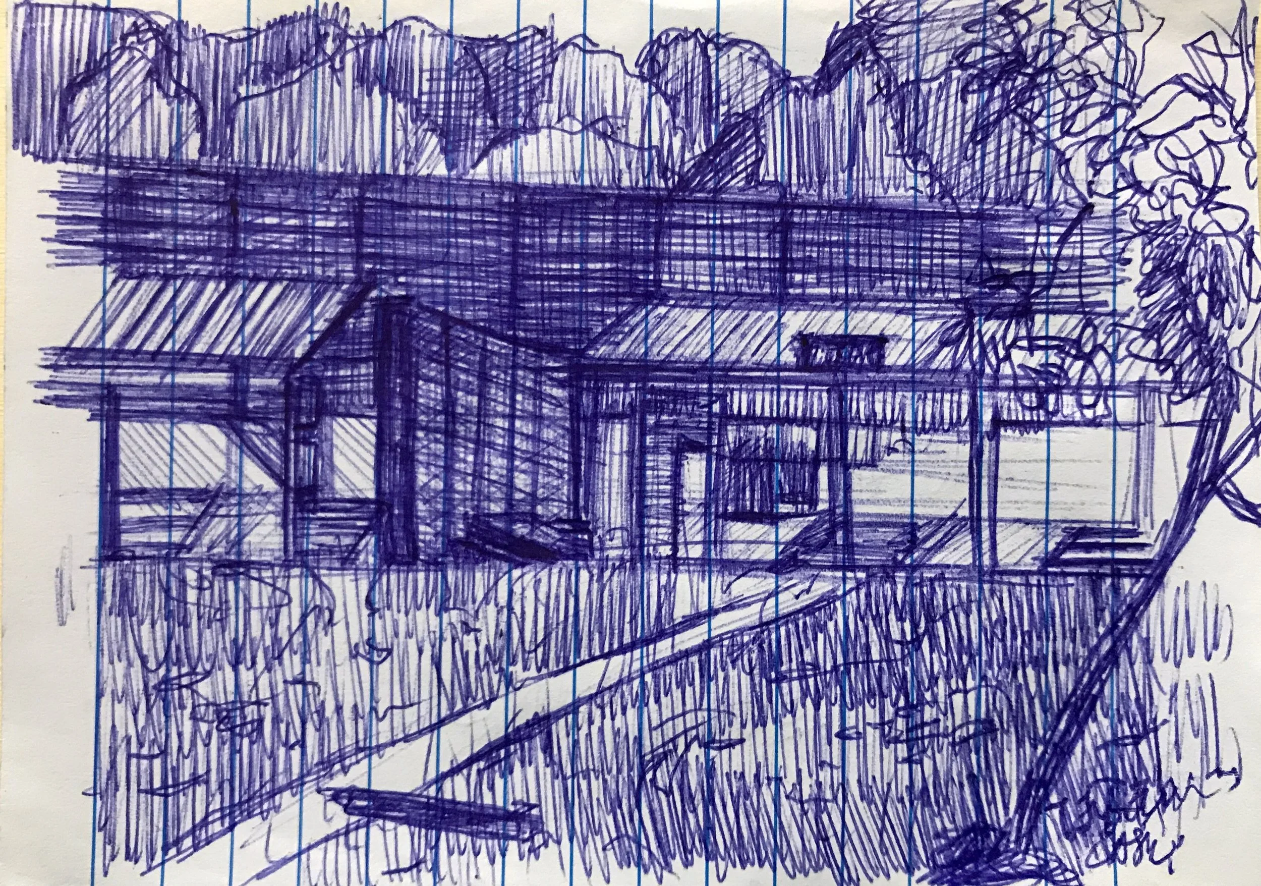 A sketch of a modern house with large windows, set in a landscape with trees and mountains in the background. The drawing is made with a blue pen on graph paper.