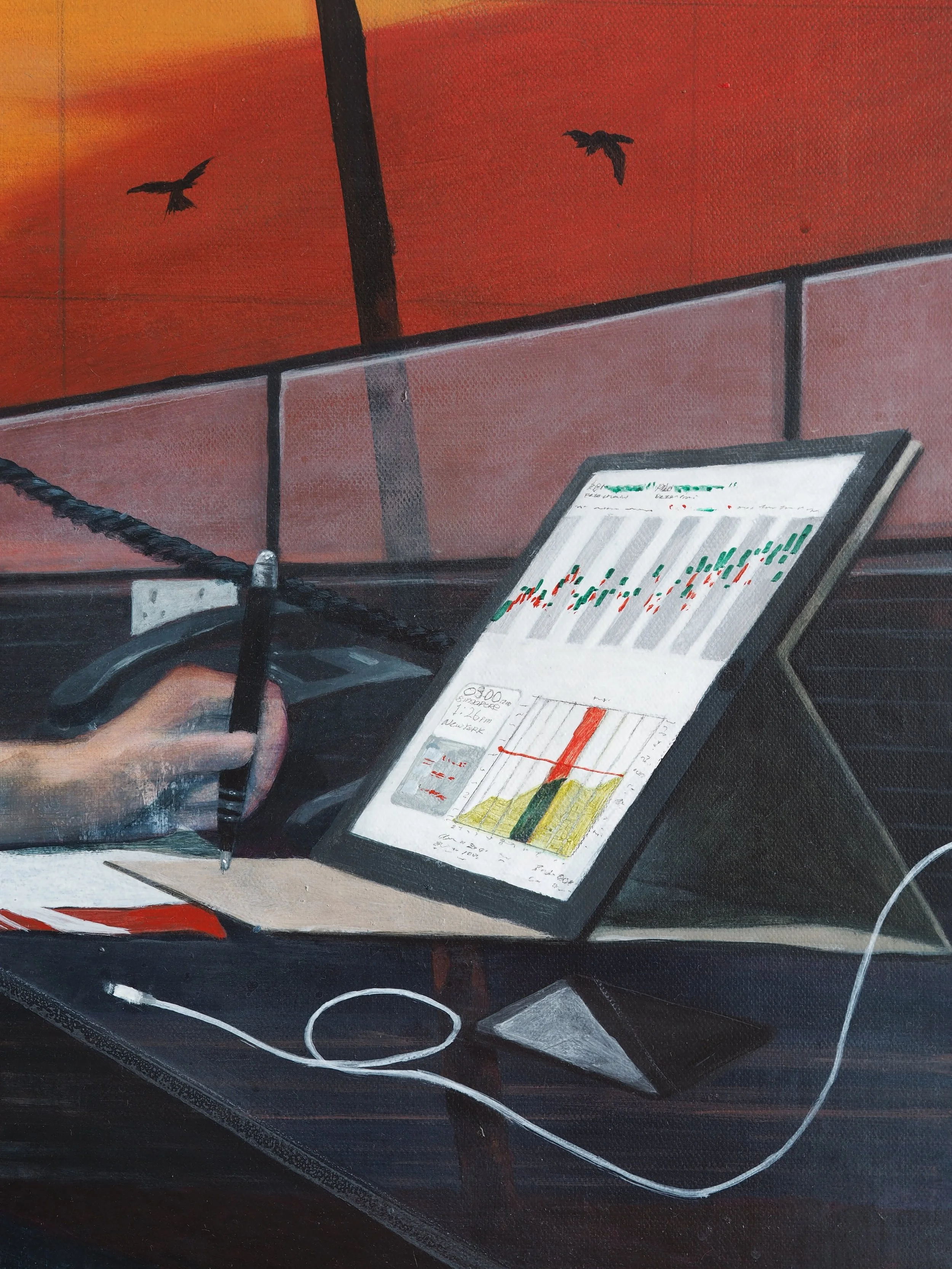 A person holding a pen, working on a digital tablet displaying stock market charts and graphs, with a computer mouse and wired headphone on a desk, and an orange and black background with flying birds.