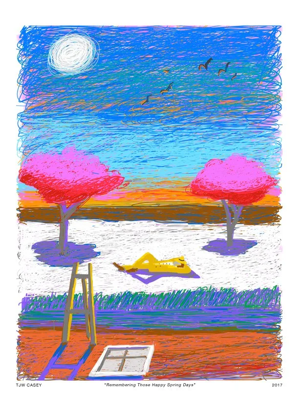 Colorful drawing of a beach scene during sunset with pink trees, birds flying, a person lying on the sand, an open window, a ladder, and a garden.
