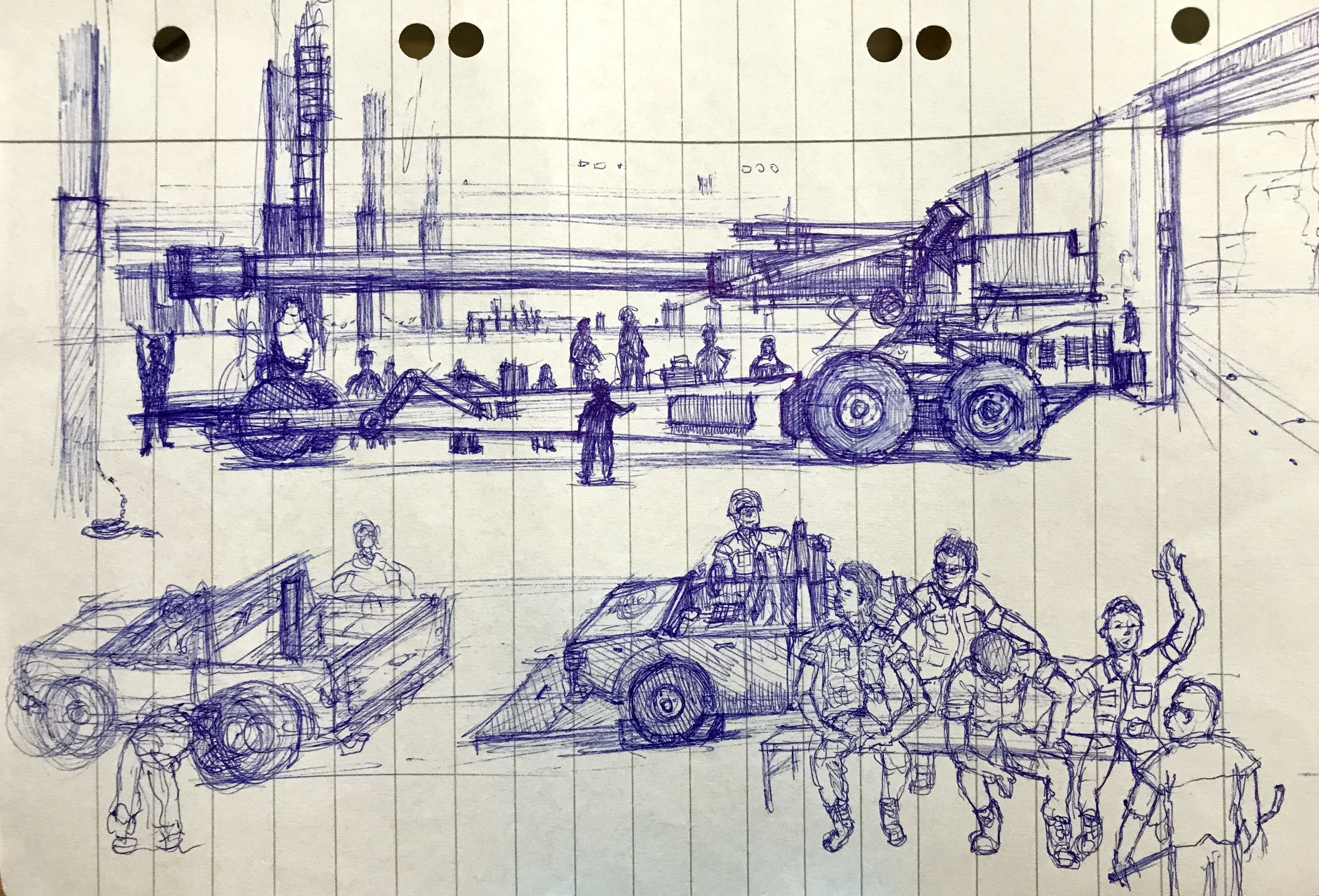 A sketch of an airport tarmac with various vehicles including a luggage cart, a tow tractor, and a passenger bus. Passengers and airline staff are seen walking and waiting near the vehicles, with a terminal building in the background.