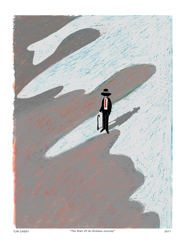 An abstract illustration of a man in a suit, hat, and holding a cane, standing on the edge of a cliff with a shadow of a large bird in flight above him.