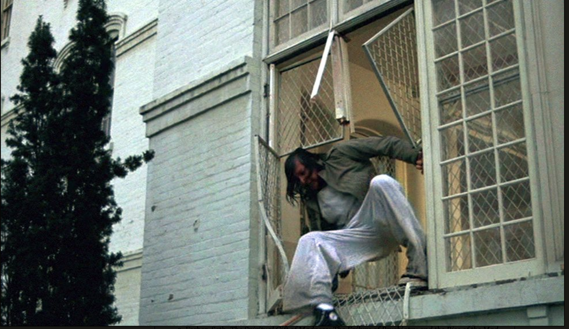 A person hanging out of a window with an open screen door, holding onto the frame, wearing gray sweatpants and a green jacket.