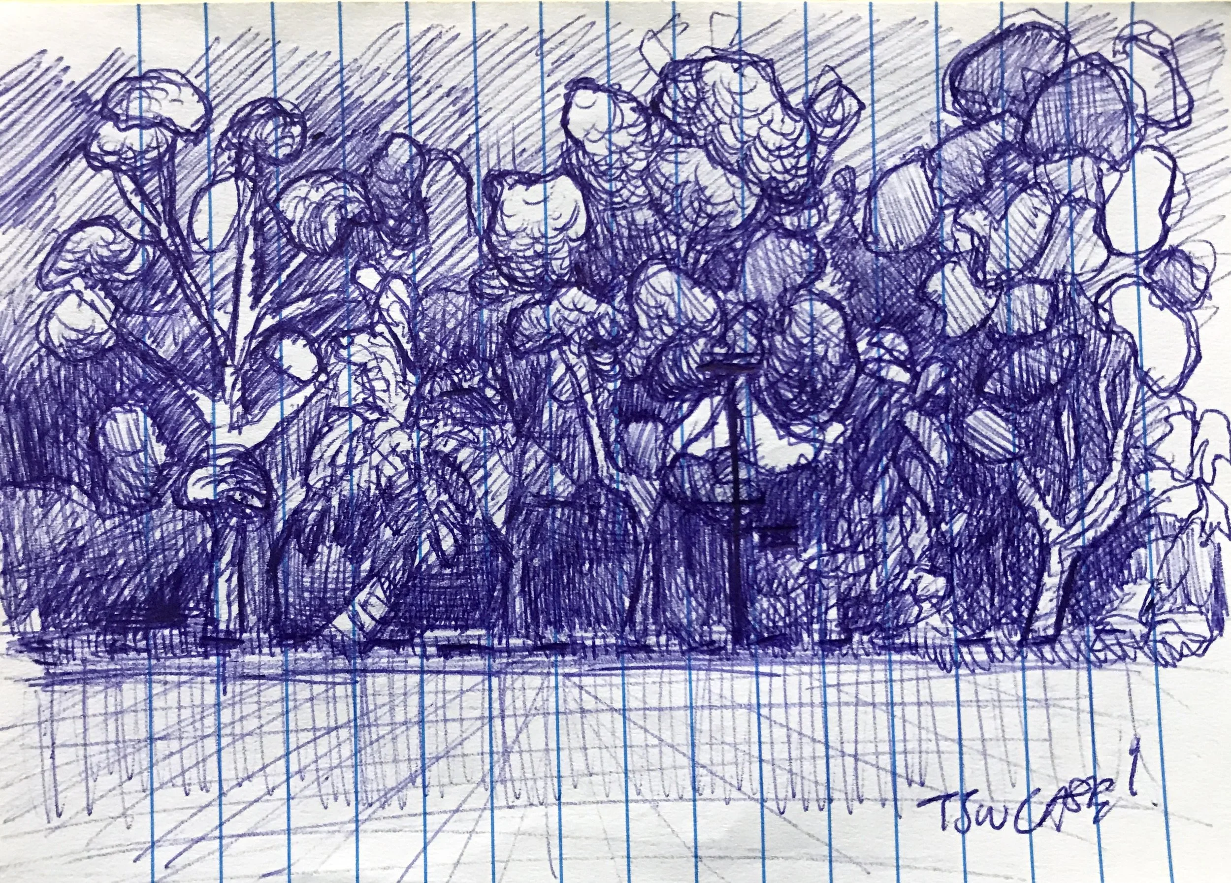 Hand-drawn sketch of various flowers and plants on lined notebook paper, with the signature '@swoope!' at the bottom right corner.