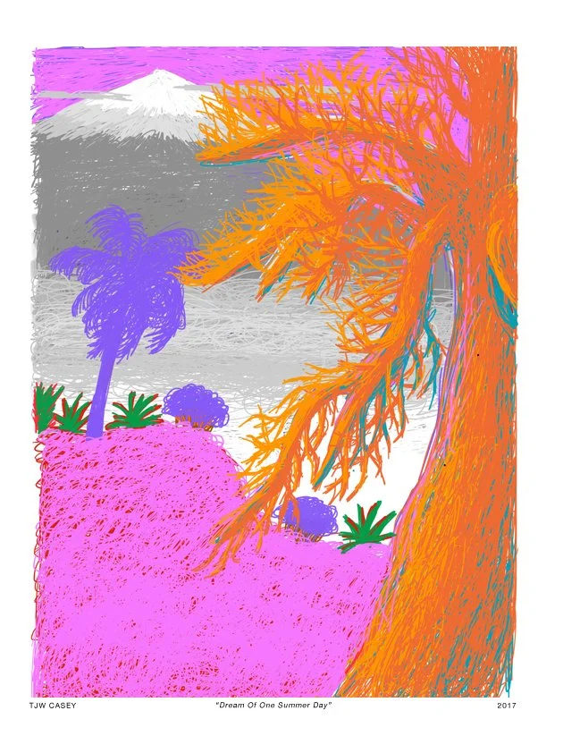 Colorful drawing of a landscape featuring a large orange tree with hanging fruit, purple and green plants, a mountain with snow, a gray sky with purple and pink clouds, and a pink ground, titled 'Dream Of One Summer Day' by TJW Casey, 2017.