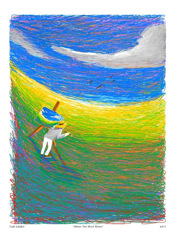 A colorful abstract drawing of a person flying through a vibrant, swirling sky with clouds and birds, carrying a large paintbrush.