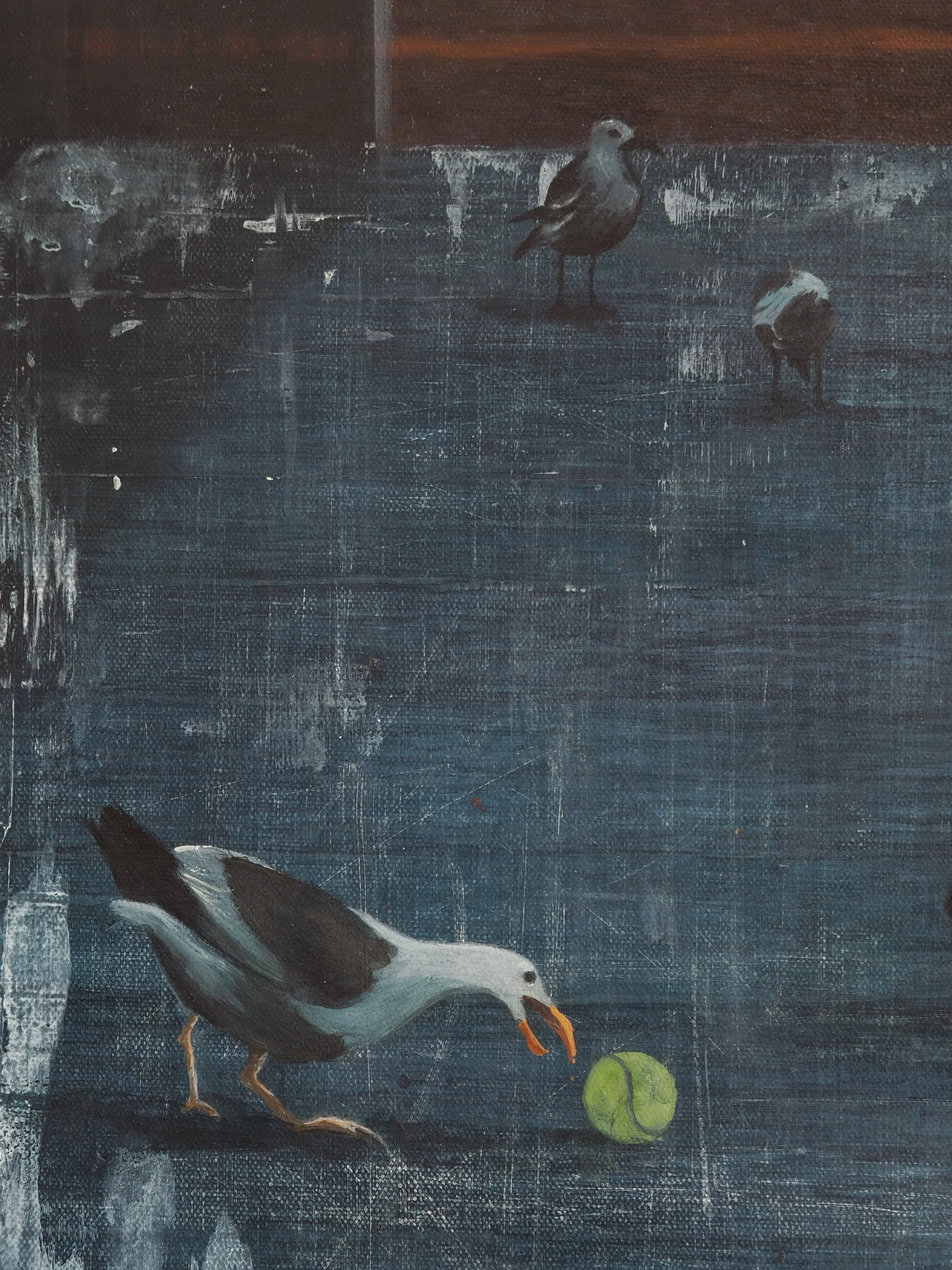 Painting of three seagulls on a weathered wooden surface, with one seagull pecking at a tennis ball.