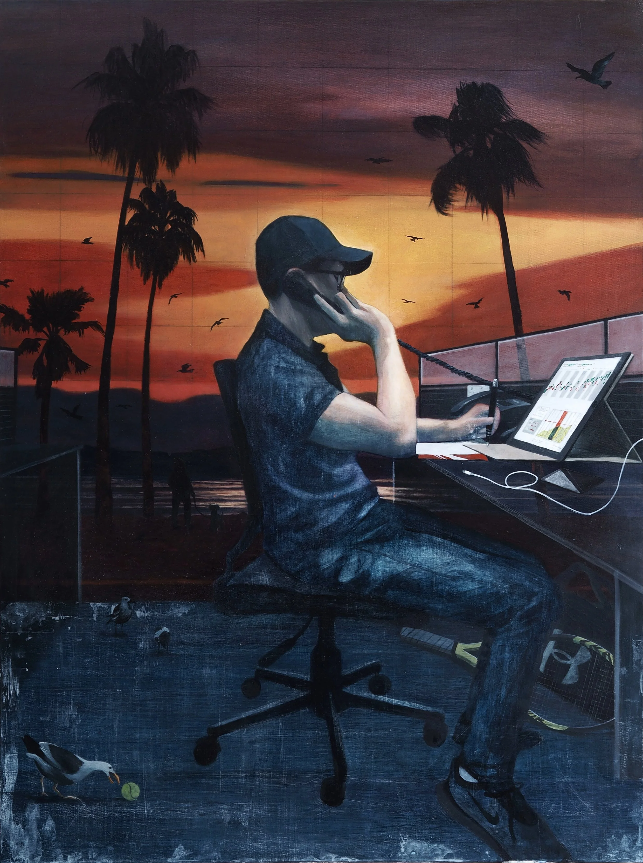 A person sitting at a desk in front of a sunset mural, wearing headphones and glasses, working on a computer with charts displayed on the screen, with palm trees and birds in the background.
