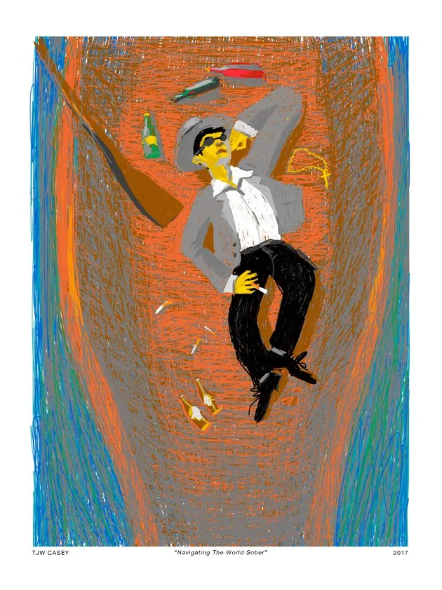 A man in sunglasses, gray blazer, white shirt, and black pants lying on an orange and blue textured surface with various objects around him, including a green bottle, red hat, and yellow string.