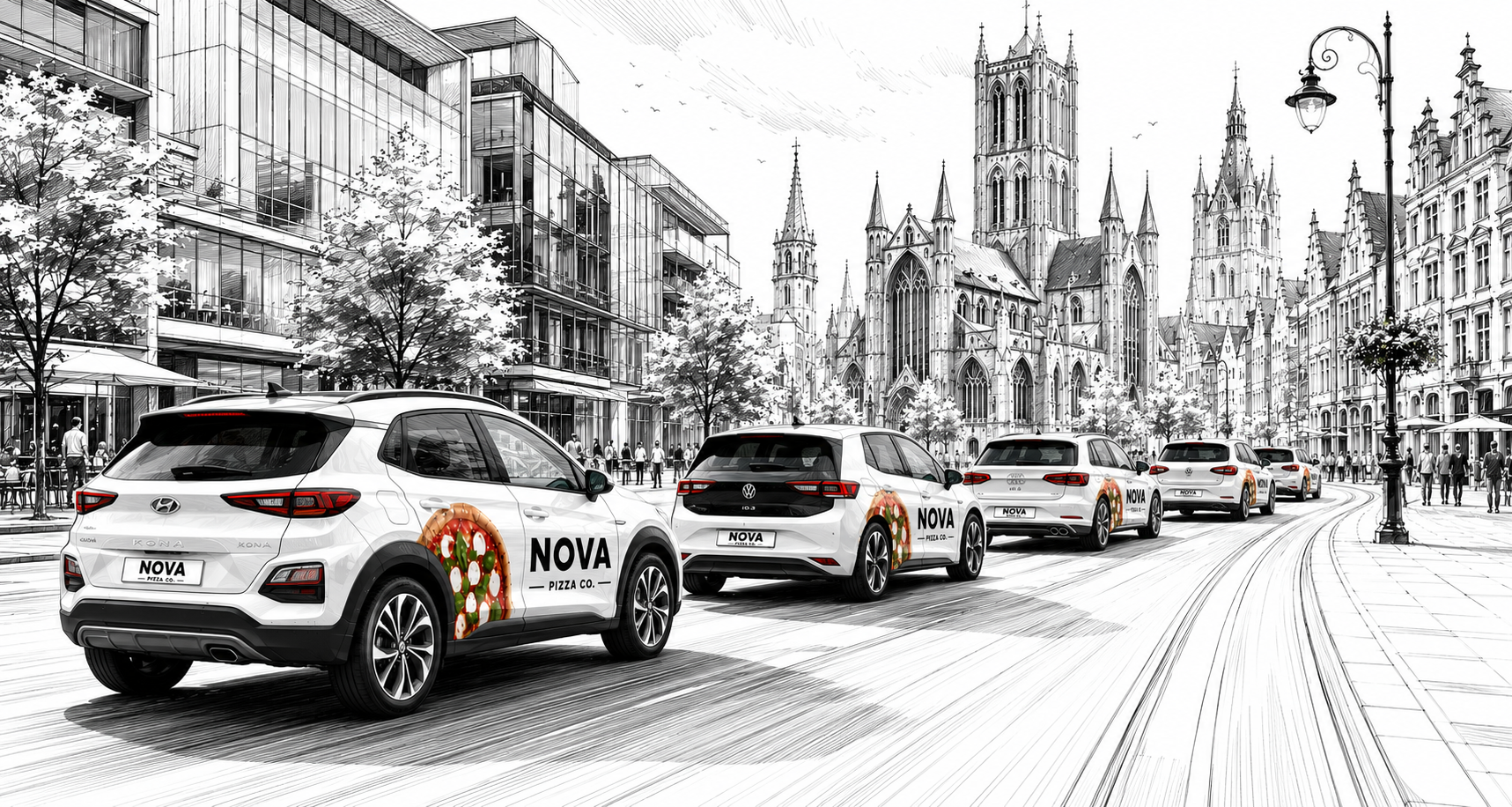 Een reeks witte auto's met advertenties, reclame, marketing 'NOVA' op hun zijden, in een historische stad Gent met kathedraal en moderne gebouwen. De afbeelding is in zwart-wit met gekleurde auto-ads. Reclamevloot. Mobiele buitenreclame. Mock-up.