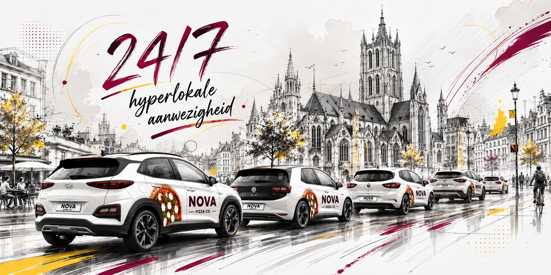 Promotieafbeelding met meerdere reclameauto's, bedrukt met een pizza en het logo van NOVA Pizza Co. in Gent met en een grote kathedraal op de achtergrond, met tekst die zegt '24/7 hyperlokale aanwezigheid'. Reclamewagens. Mobiele buitenreclame.