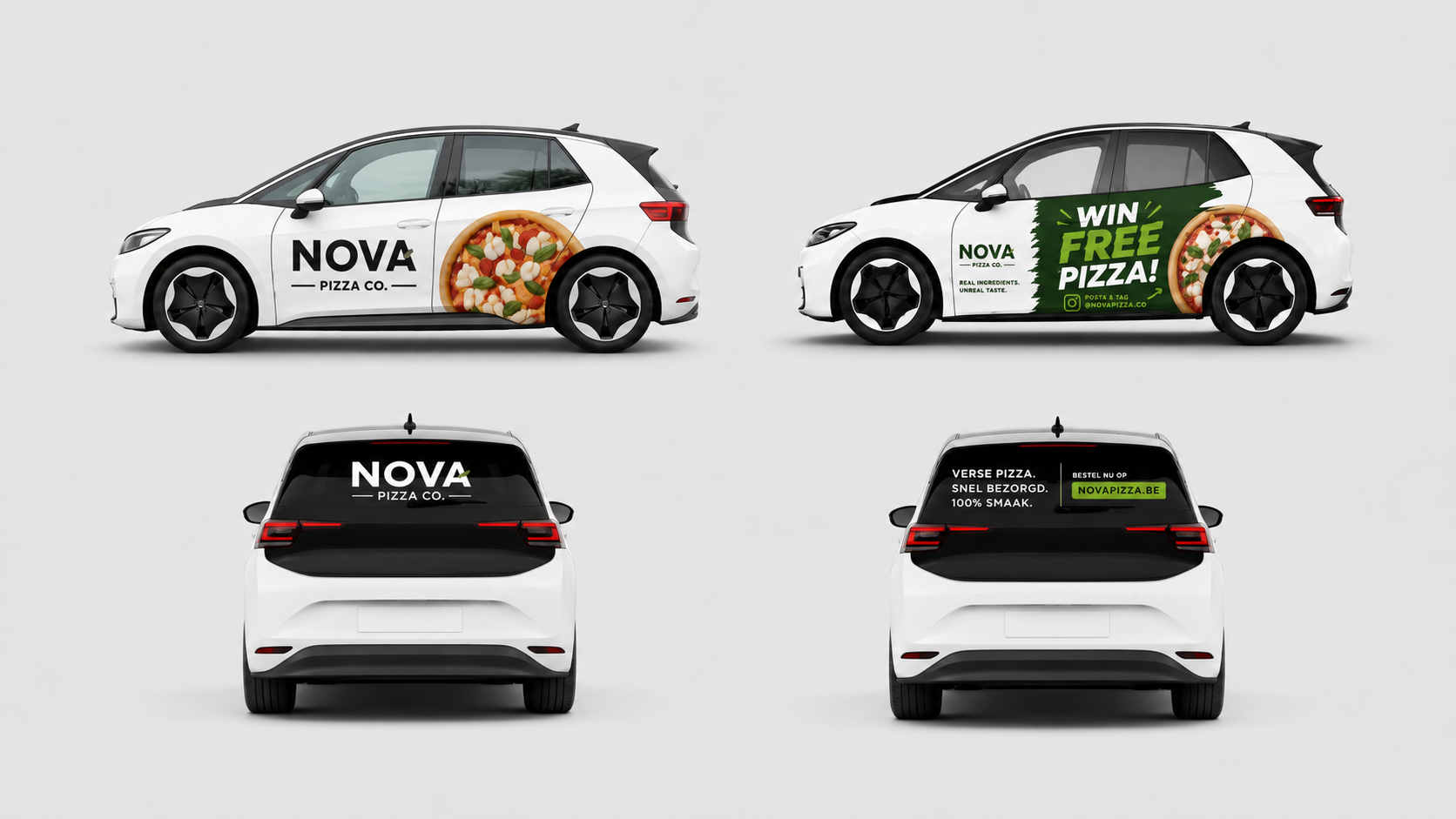 Witte auto's bedekt met reclame voor bedrijf Nova Pizza Co. met afbeelding van een pizza op de zijkanten en achterkant, inclusief teksten over gratis pizza winnen, snelle levering en website. Reclamewagens. Branding. Activatie. Promoties. Marketing.