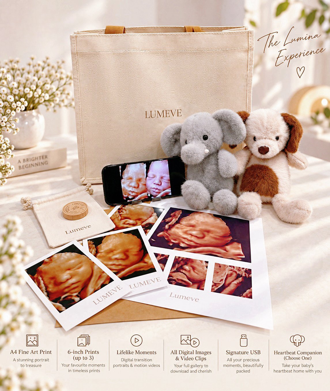 Lumeve ultrasound keepsakes, heartbeat companions and digital baby imagery presented together.