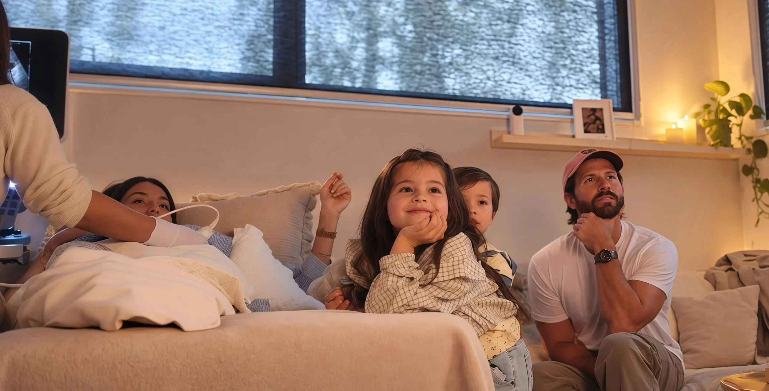 Family gathered together watching their baby’s ultrasound on screen during a private Lumeve experience.