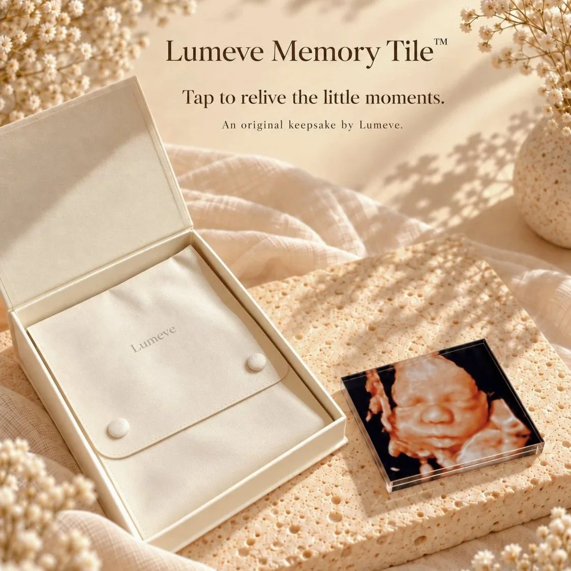 Personalised Lumeve Memory Tile™ created from baby ultrasound imagery, presented in its keepsake box.