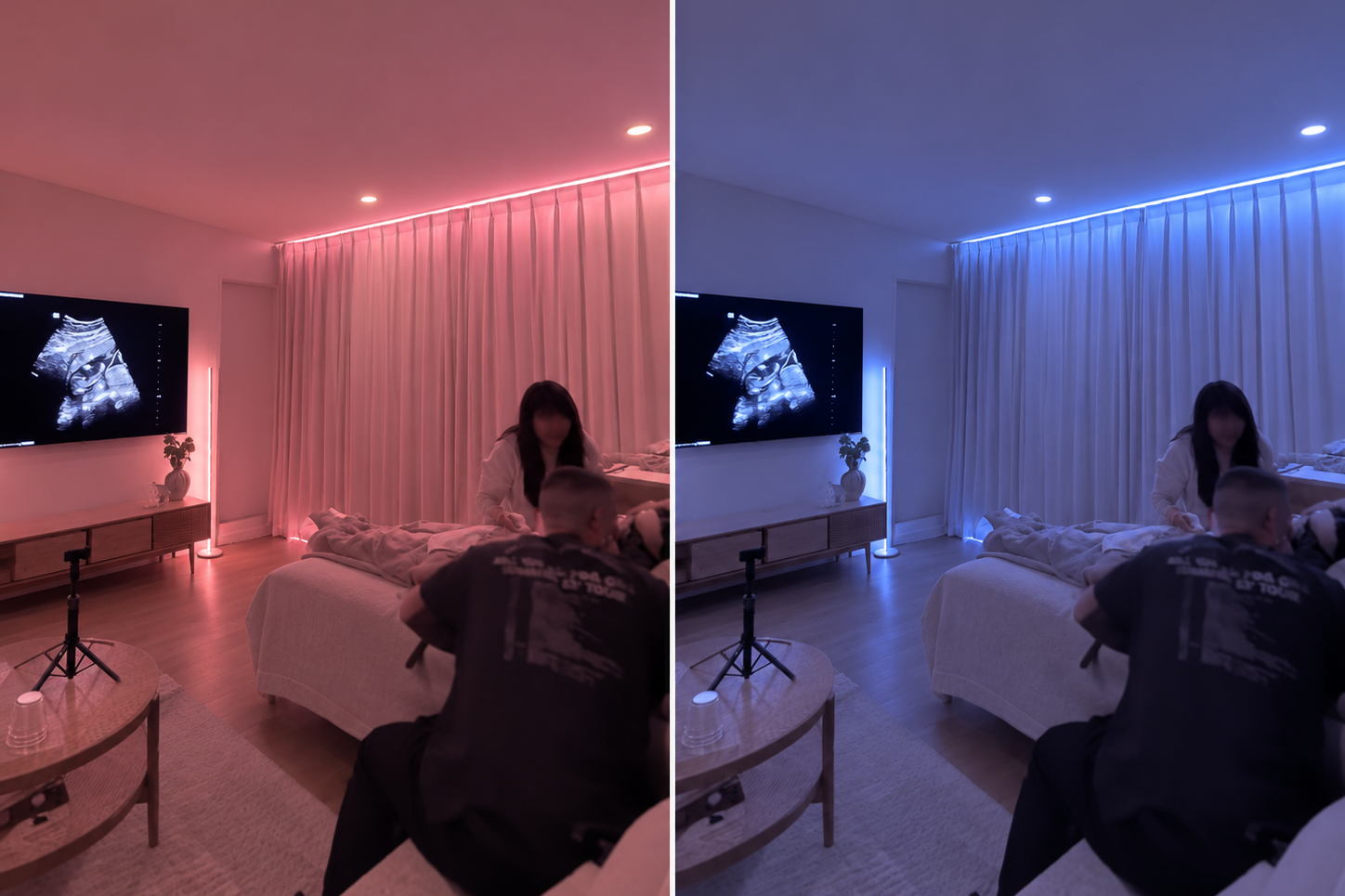 Lumeve studio softly illuminated in pink and blue for a private gender reveal ultrasound experience.
